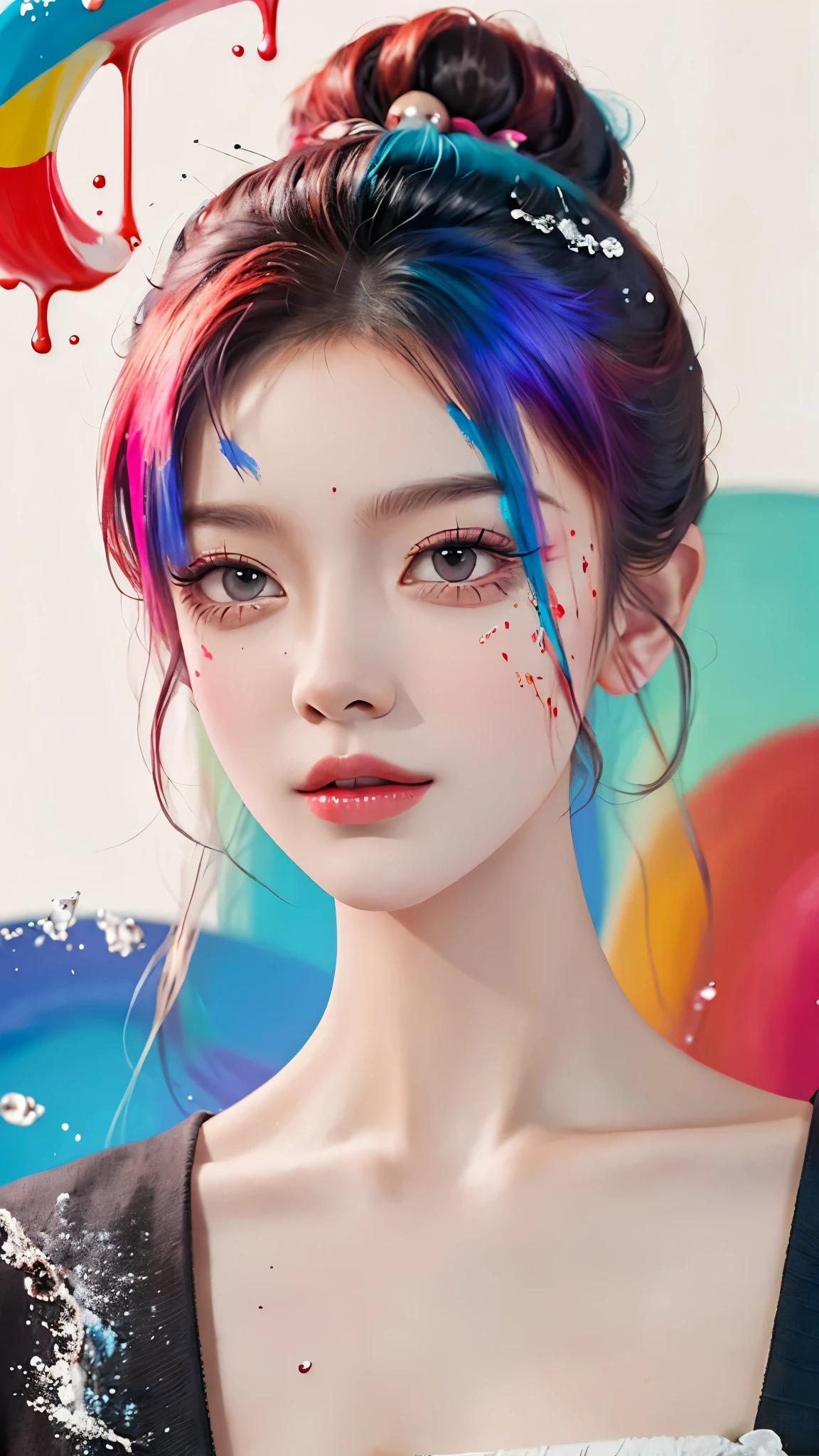 (Masterpiece, Best Quality, High Resolution), White Background, ((Paint Splash, Color Splash, Splash of Ink, Color Splash)), Sweet Chinese Girl, Rainbow Hair, Pink Lips, Front, Upper Body