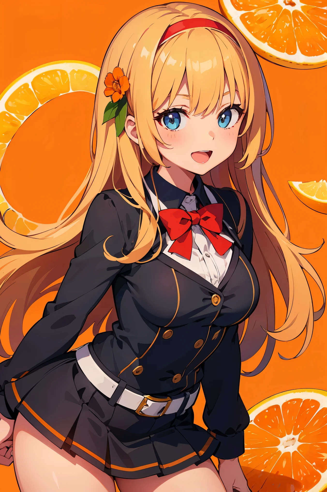 ((absurdres, highres, ultra detailed, high resolution, masterpiece, best quality, very fine 8KCG wallpapers)), 1 girl, solo, :D, ahogee, bangs, belt, blush, buttons, drill hair, eyebrows visible through hair, hairband, leaf, long hair, long sleeves, looking at viewer, medium breasts, open mouth, orange flower, orange hair, orange nails, orange theme, red bow, smile, twin drills, waitress, (sliced ​​oranges background, background with large drawing of a sliced ​​oranges:1.3),