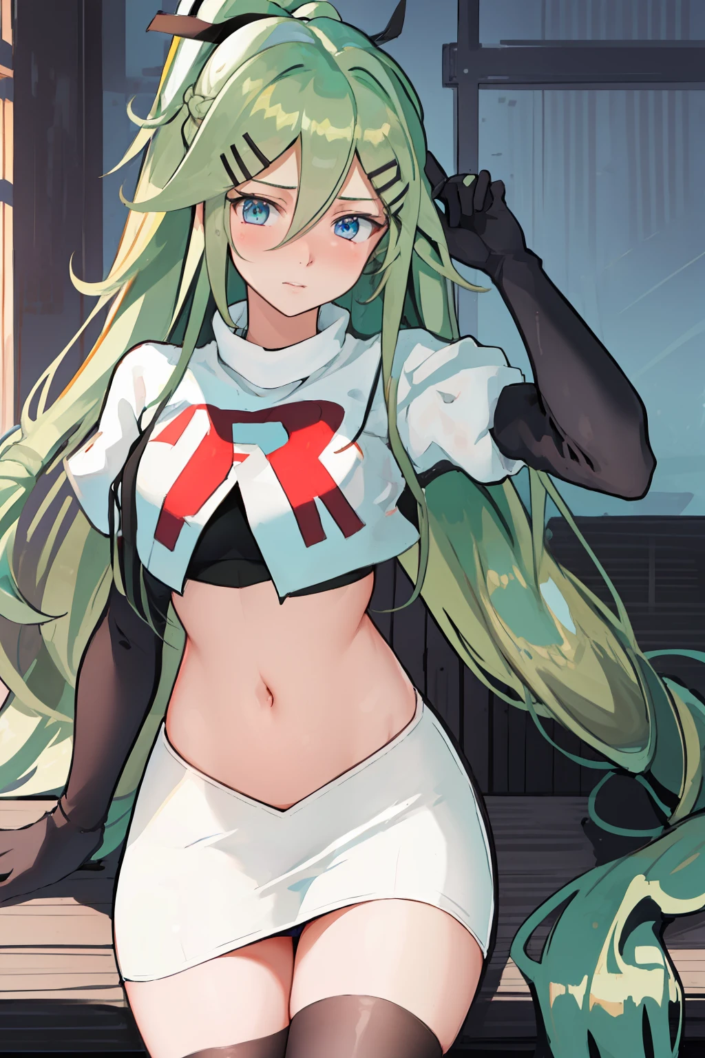 best quality, masterpiece, highres, solo, {yamakaze_kantaicollection:1.15}, green_hair, hair_between_eyes, long_hair, hair_ornament, hairclip, ribbon, hair_ribbon, ponytail, black_ribbon, blush, green_eyes, blue_eyes, 1girl, bangs, sidelocks, team rocket,team rocket uniform,white skirt,red letter R,crop top,black thigh-highs,black elbow gloves