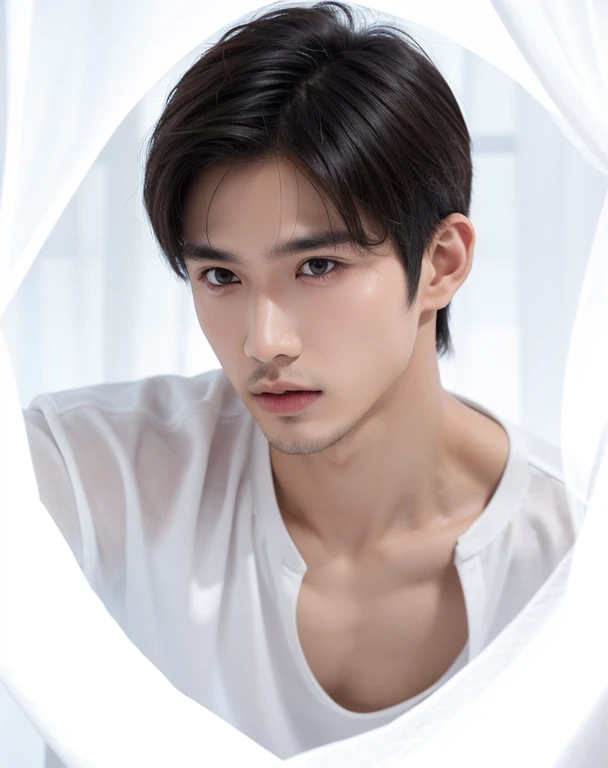 a man, indonesian, 22 years old, clean skin, curtain hair cut, athletic body, white shirt, realistic, ultra detail, 70 mm lens