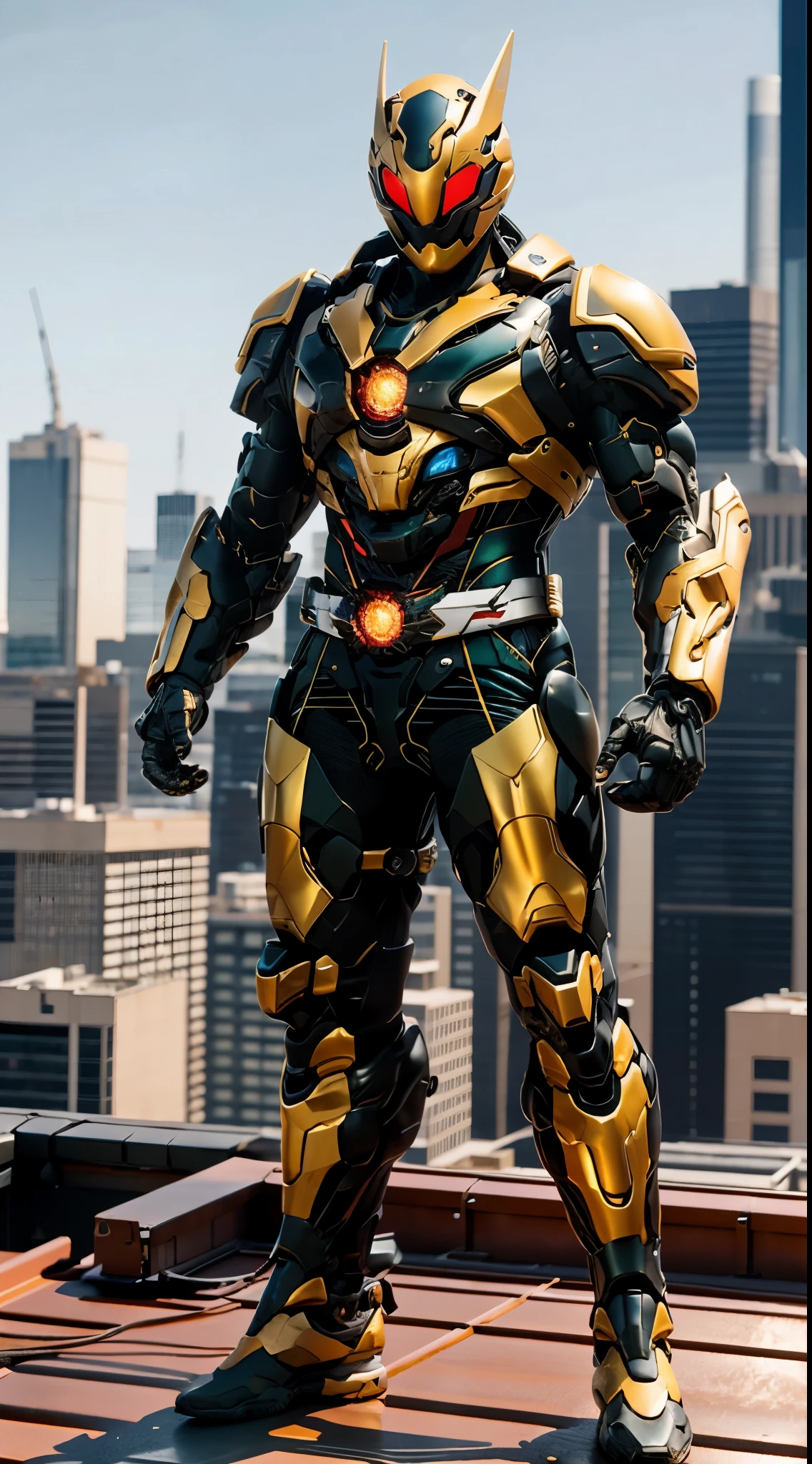 A super a high-tech biotech battle suit, standing on a rooftop, looking over the city, Japanese tokusatsu and American comic style, biometallic texture of the suit, sleek and shiny, dynamic, fast, natural light, cinematic, high quality, high resolution, high detail, sophisticated design, dramatic, high definition, ultra-detailed, ultra-fine painting, extremely delicate, creativity, Natural light, cinematic lighting, best shadow, masterpiece-anatomy-perfect