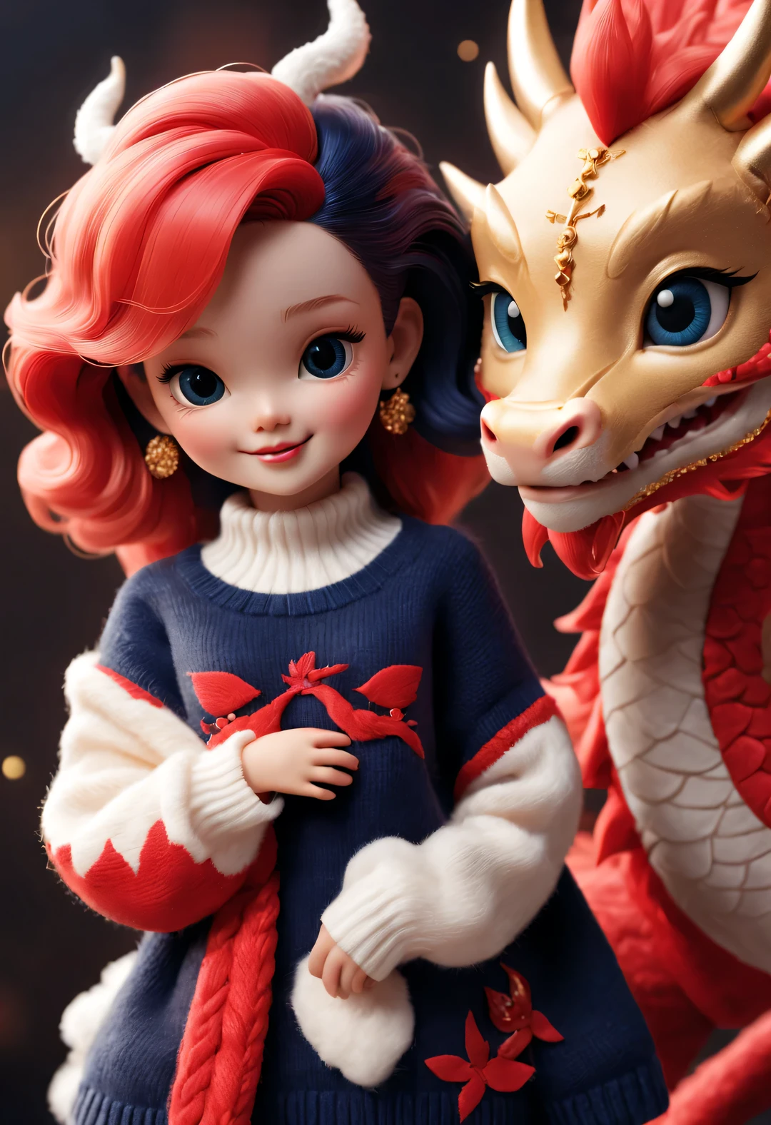 natalie shaw style, character concept design,(Close-up of smiling cute zodiac dragon baby and barbie doll:1.1),Wear a sense of luxury, Gorgeous fashionable winter cashmere wool craft , Background with:Dark navy and fiery red,2024 new year elements,golden ornaments,heavy snow ground, Apply exquisite skills and superb technology,Weave wool into a variety of styles and textures,Pay attention to the edge of the sweater、sutured、Details such as stitching ensure smooth lines of the sweater、Smooth and traceless,Demonstrate perfect craftsmanship quality。 Cute 3d rendering,Cute and detailed digital art,Miniature feeling,stylized 3d render,3d rendered figure art 8k,lovely digital painting,Anime style 3D,Ultra-detailed rendering