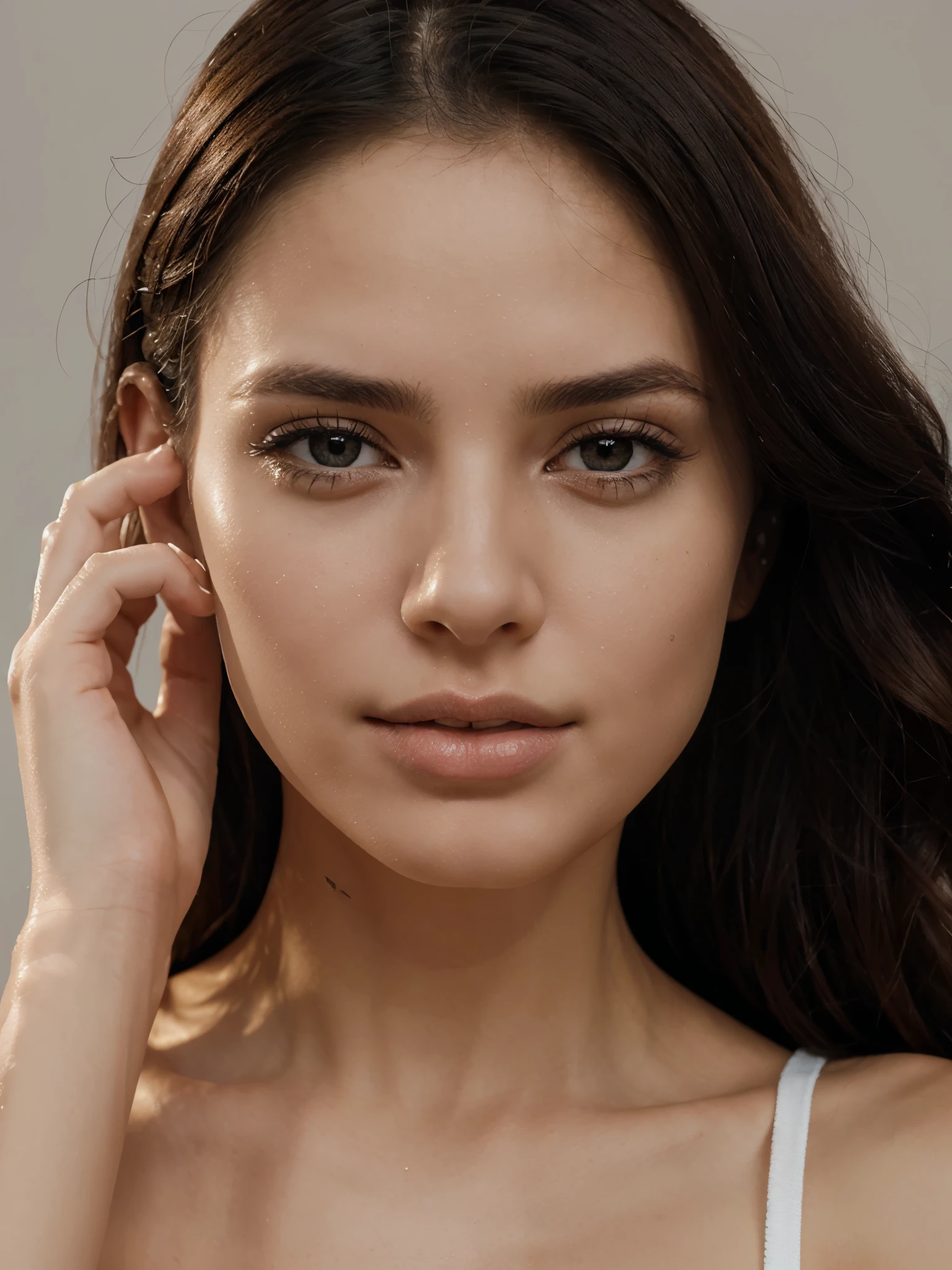 1 female-focused, a beautiful female model has a cosmetic bottle in her hands, wearing white shirt, the model's skin is healthy and clear, and the cosmetics bottle shines luxuriously, skin care, flower, cosmetics commercial photos, clean atmosphere, in the studio, shot on Hasselblad camera, medium format, dramatic lighting, luxury brand cosmetic