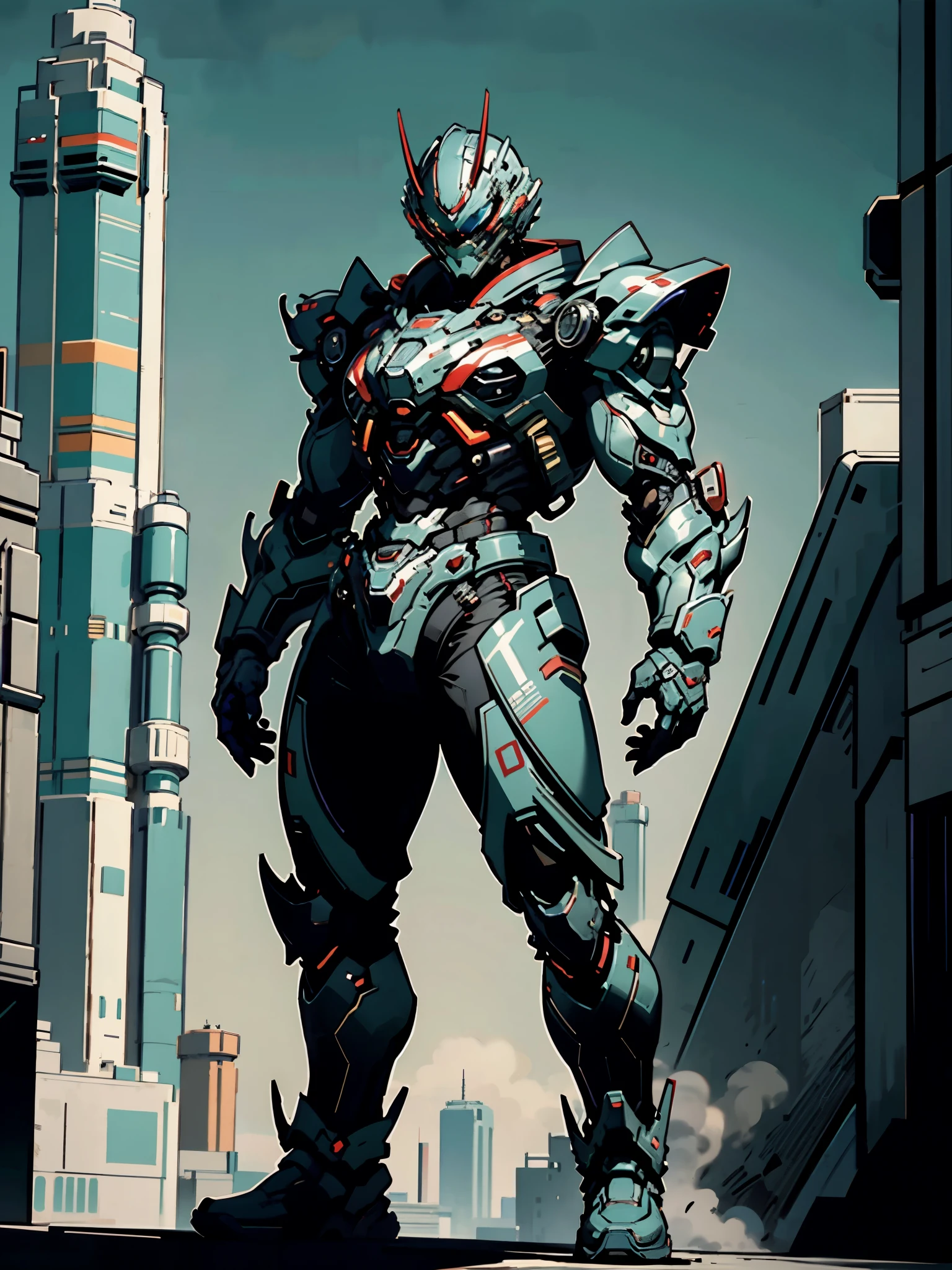 A super a high-tech biotech battle suit, standing on a rooftop, looking over the city, Japanese tokusatsu and American comic style, biometallic texture of the suit, sleek and shiny, dynamic, fast, natural light, cinematic, high quality, high resolution, high detail, sophisticated design, dramatic, high definition, ultra-detailed, ultra-fine painting, extremely delicate, creativity, Natural light, cinematic lighting, best shadow, masterpiece-anatomy-perfect