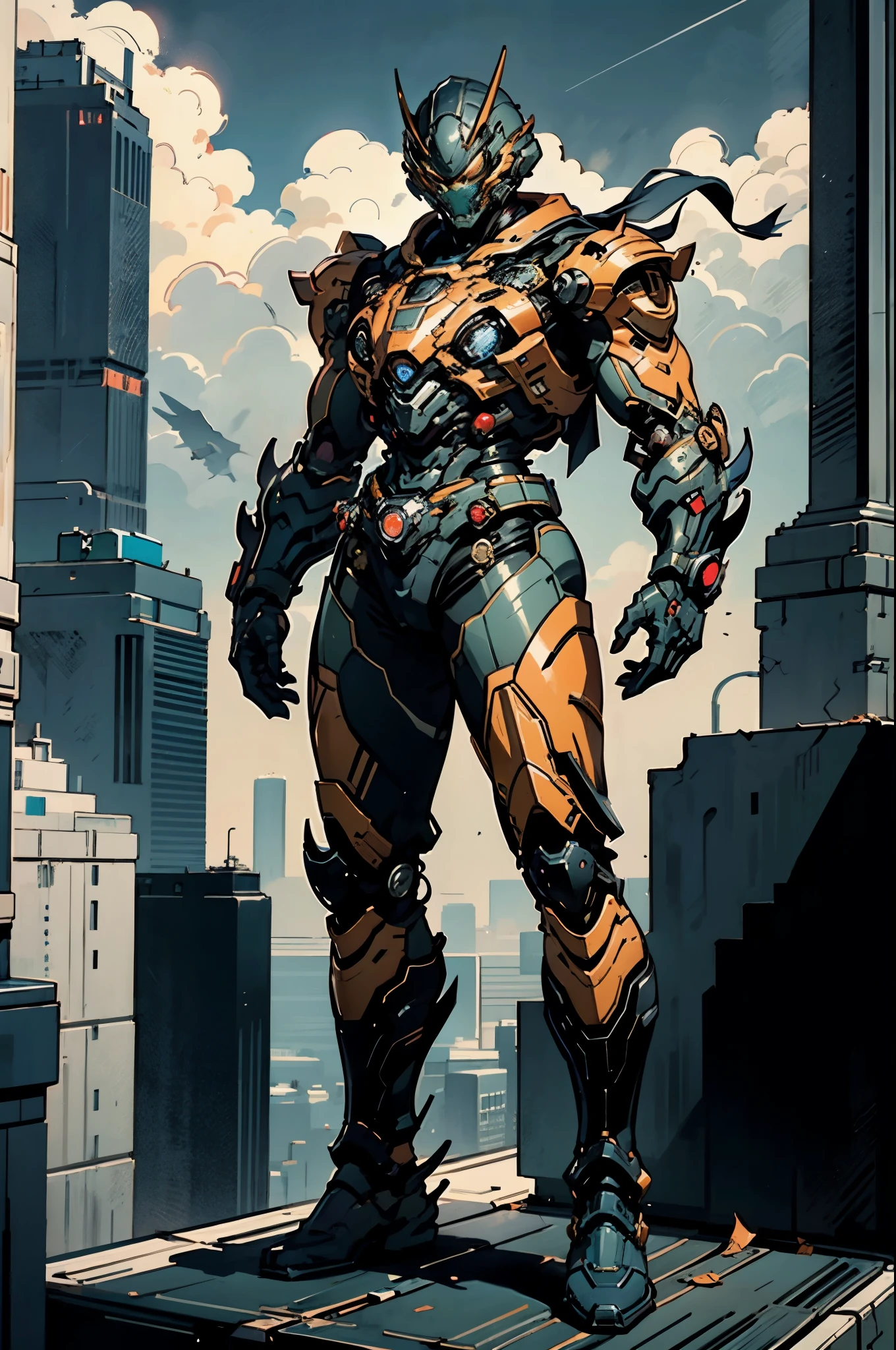 A super a high-tech biotech battle suit, standing on a rooftop, looking over the city, Japanese tokusatsu and American comic style, biometallic texture of the suit, sleek and shiny, dynamic, fast, natural light, cinematic, high quality, high resolution, high detail, sophisticated design, dramatic, high definition, ultra-detailed, ultra-fine painting, extremely delicate, creativity, Natural light, cinematic lighting, best shadow, masterpiece-anatomy-perfect