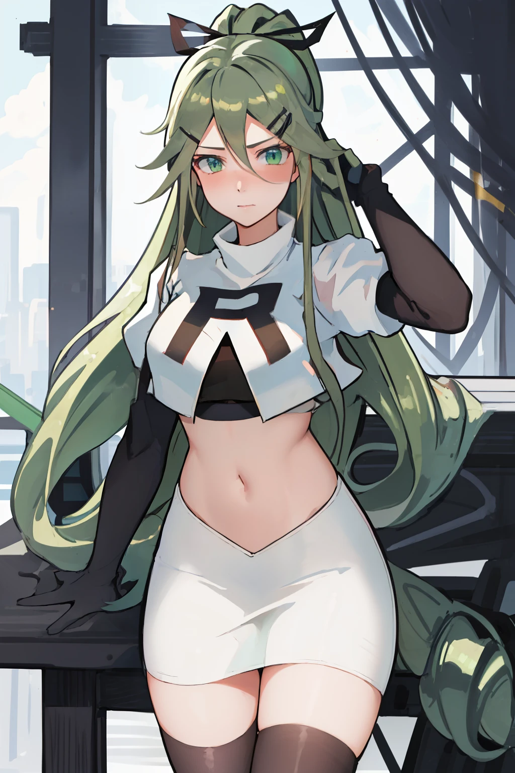 best quality, masterpiece, highres, solo, {yamakaze_kantaicollection:1.15}, green_hair, hair_between_eyes, long_hair, hair_ornament, hairclip, ribbon, hair_ribbon, ponytail, black_ribbon, blush, green_eyes, blue_eyes, 1girl, bangs, sidelocks, team rocket,team rocket uniform,white skirt,red letter R,crop top,black thigh-highs,black elbow gloves