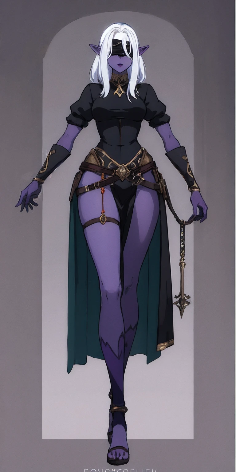 Masterpiece, standing straight symmetrical, full body female drow elf slave wearing an adventurer outfit, black blindfolded, (very purple skin)