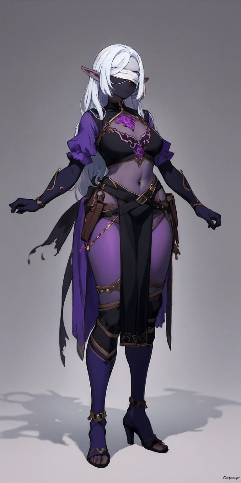 Masterpiece, standing straight symmetrical, full body female drow elf slave wearing an adventurer outfit, black blindfolded, (very purple skin)