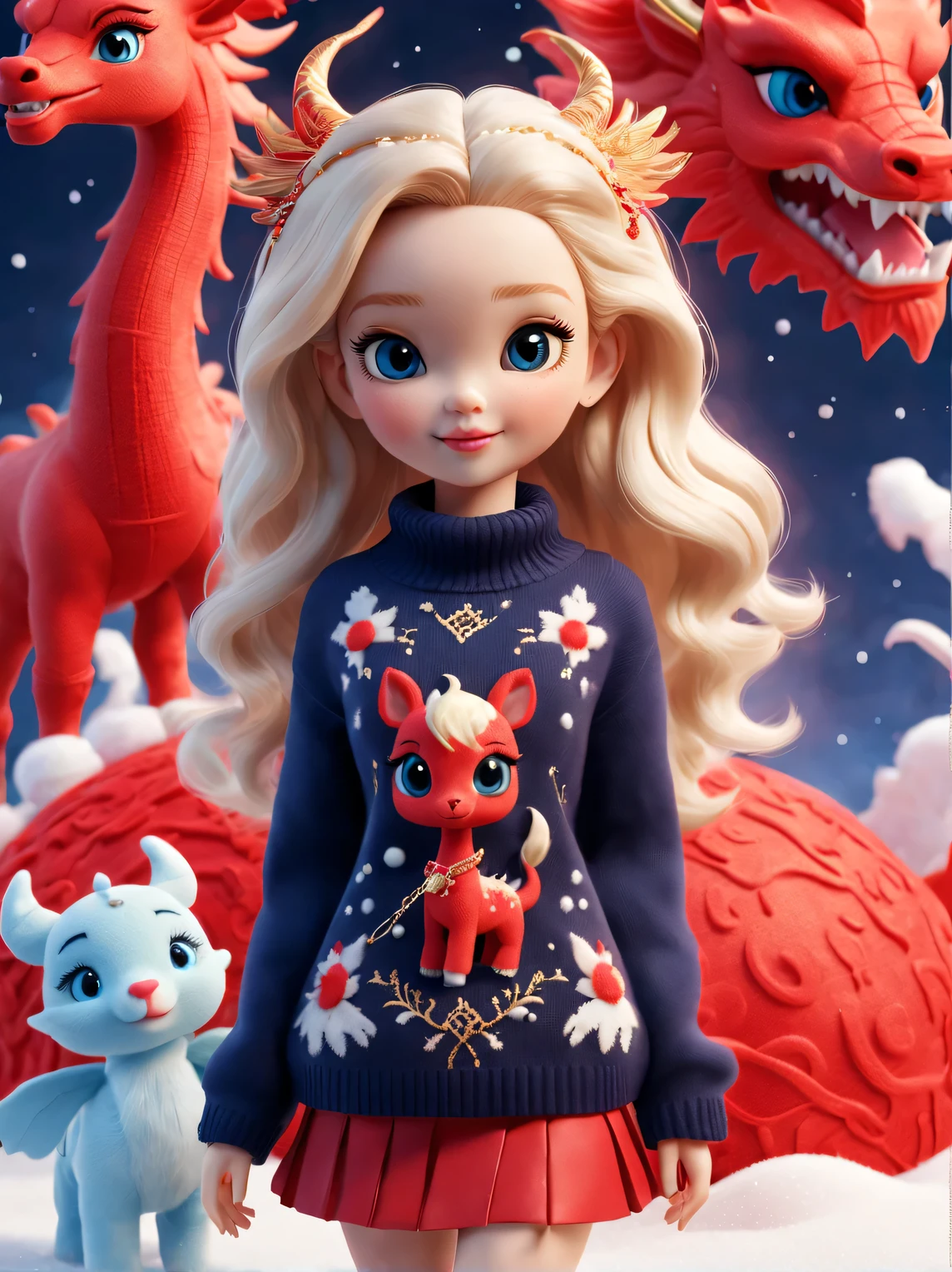 natalie shaw style, character concept design，（Close up of smiling cute zodiac dragon baby and barbie girl：1.1），Wear a sense of luxury, Gorgeous fashionable winter cashmere wool craft ， Background with：Dark navy and fiery red，2024 new year elements，golden ornaments，heavy snow ground， Apply exquisite skills and superb technology，Weave wool into a variety of styles and textures，Pay attention to the edge of the sweater、sutured、Details such as stitching ensure smooth lines of the sweater、Smooth and traceless，Demonstrate perfect craftsmanship quality。 Cute 3d rendering，Cute and detailed digital art，Miniature feeling，stylized 3d render，3d rendered figure art 8k，lovely digital painting，Anime style 3D，Ultra-detailed rendering