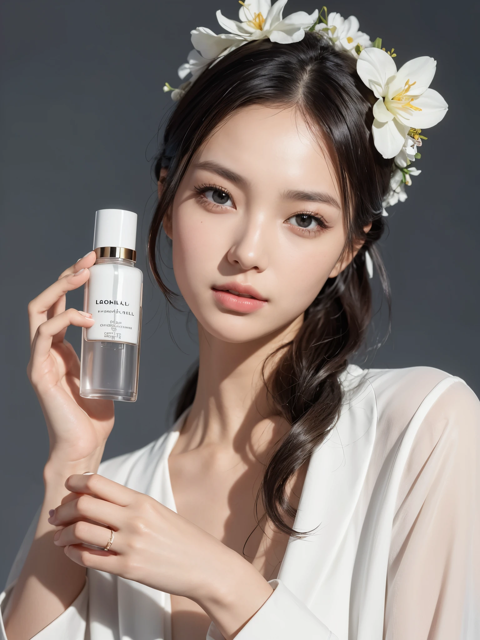 1 female-focused, a beautiful female model has a cosmetic bottle in her hands, wearing white shirt, the model's skin is healthy and clear, and the cosmetics bottle shines luxuriously, skin care, flower, cosmetics commercial photos, clean atmosphere, in the studio, shot on Hasselblad camera, medium format, dramatic lighting, luxury brand cosmetic