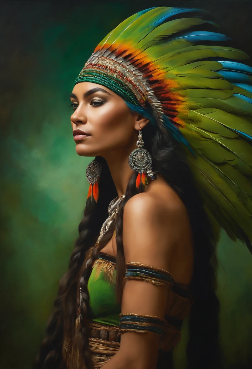 Baroque style painting of a young indigenous woman with a headdress made of Macaw feathers on her head, indigenous body paint, beautiful and strong young woman, dressed in green, with long hair and braids.
