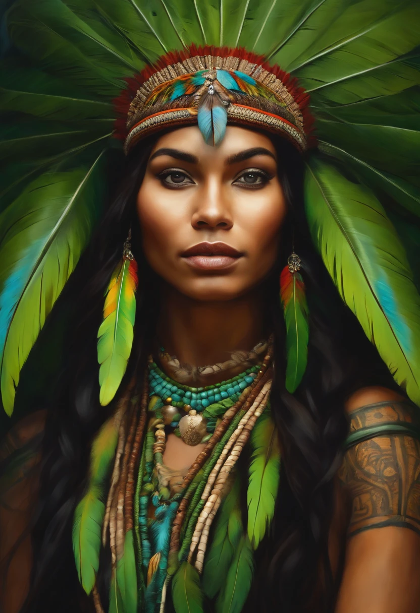 Baroque style painting of a young indigenous woman with a headdress made of Macaw feathers on her head, indigenous body paint, beautiful and strong young woman, dressed in green, with long hair and braids.