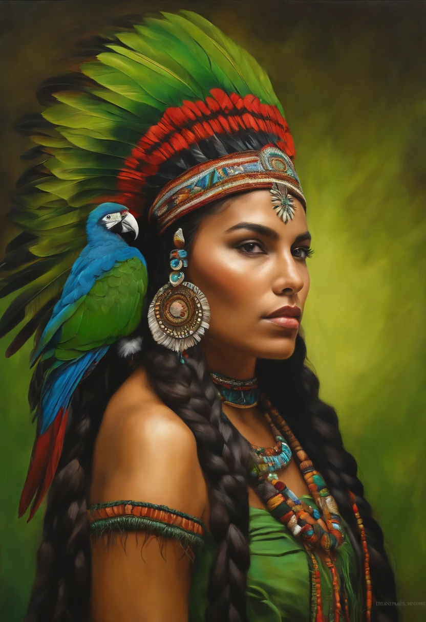 Baroque style painting of a young indigenous woman with a headdress made of Macaw feathers on her head, indigenous body paint, beautiful and strong young woman, dressed in green, with long hair and braids.