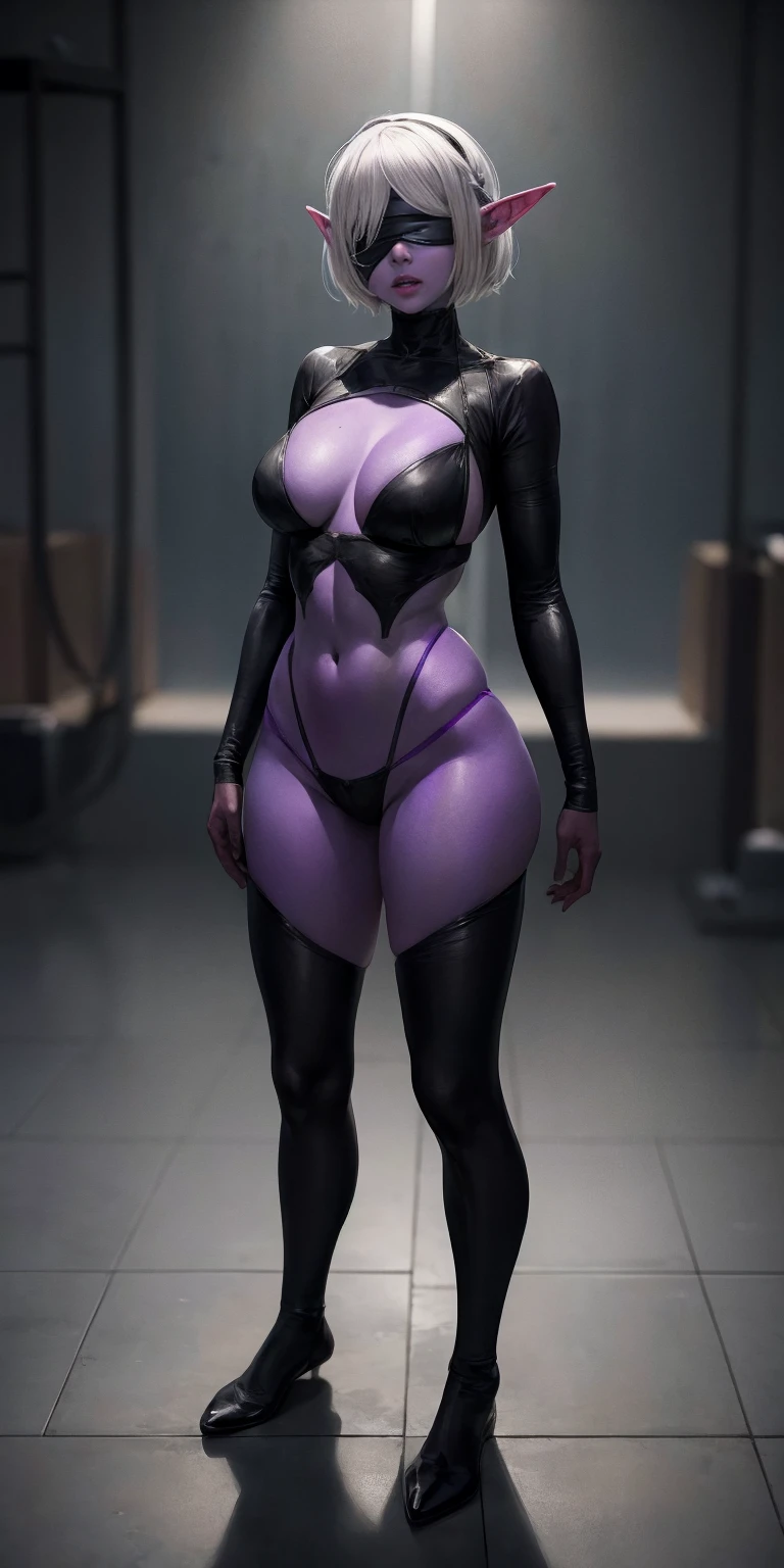 Masterpiece, standing straight symmetrical, full body female drow elf slave wearing an adventurer outfit, black blindfolded, (very purple skin)