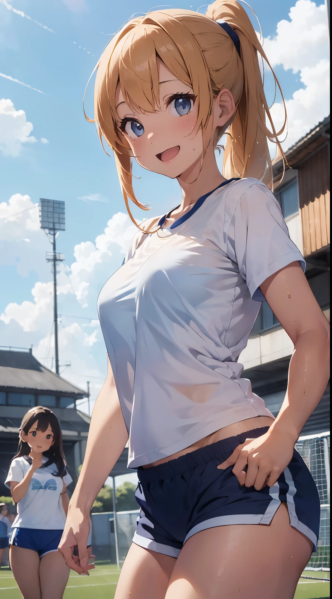 1womanl,Golden hair,14 year old beautiful breasts,(((white short sleeve gym uniform)),((Blue shorts、Smile with open mouth)),(wet with sweat),((( portlate))),Crowds,(()),((athletic field)),((())),outside of house,,Beautiful ponytail,(((Bra that can be seen through the tee shirt)))(())