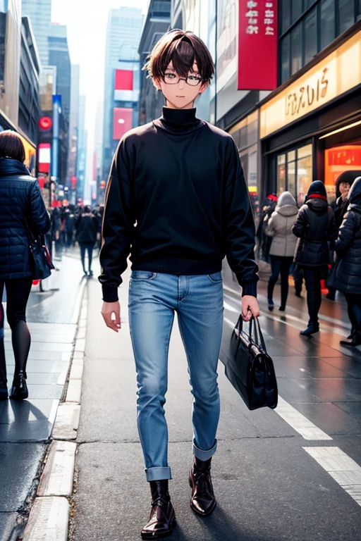Cool man walking around town、Ginza、Pedestrian mall、Cold days、with short brown hair,,long court、navy wool high neck sweater、White denim、long-sleeve、Brown boots、hight resolution、in 8K、foco nítido