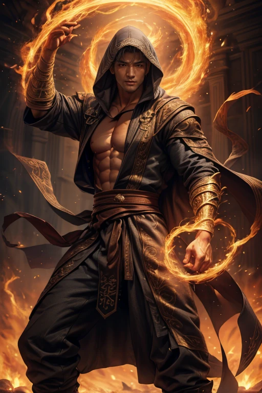 Realist, tmasterpiece, Complicated details, detailedbackground, depth of fields, musculous, 韩国magister帅气照片, (Young Korean man looks like K-pop idol), 25 age old, (Short gray hair), Sexy crotch, Fire spells, magister, He wears a long cloak with a hood, Sexy muscles, Naked，musculous的身体，Rough skin texture，a dark tanned skin，Strong masculine characteristics，Wearing a tong, focal, pyromania, white skinned, pale nipples,(8K，tmasterpiece，The best quality，A high resolution，ultra - detailed)