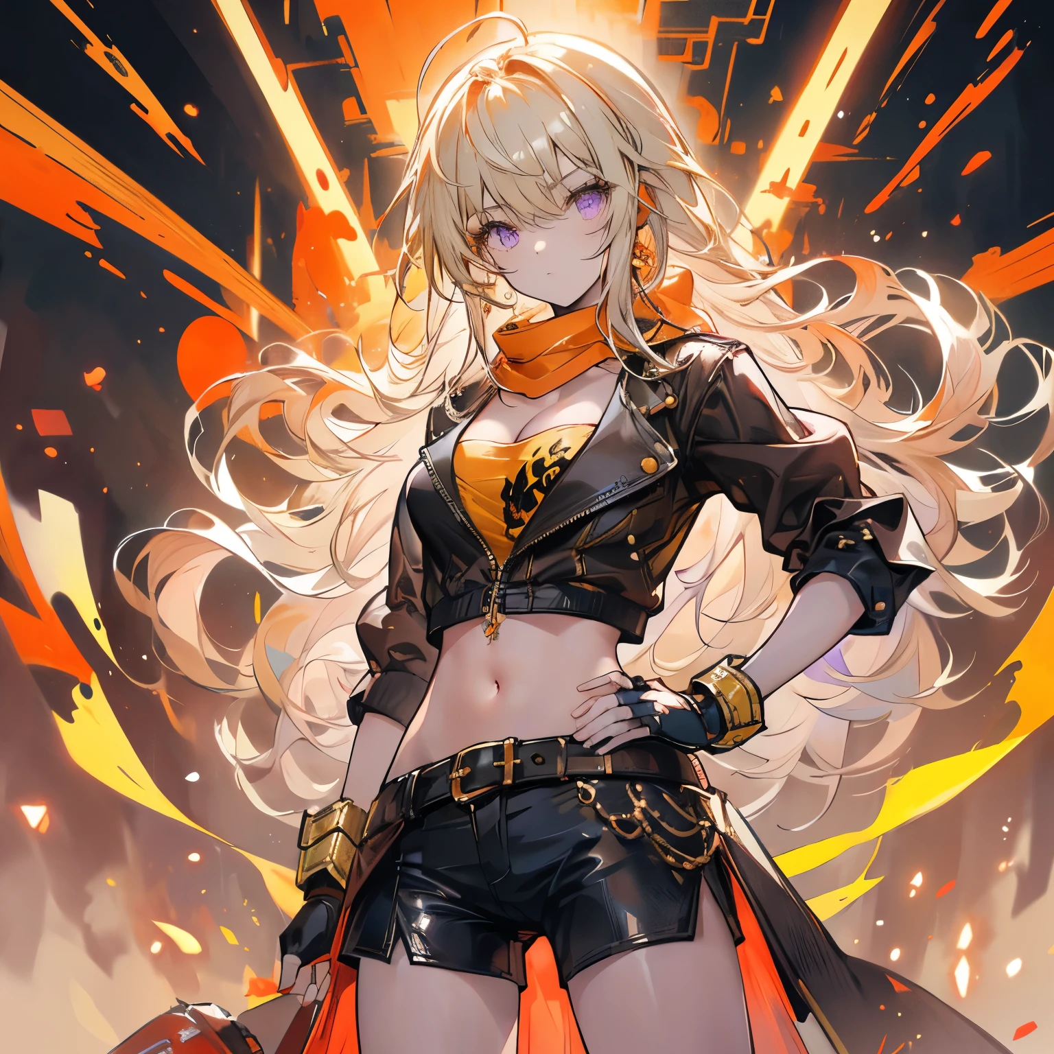 (masterpiece、top-quality:1.2), cowboy shot, 独奏, 1girl in, Yang Xiaolong, Put your hands on your hips, Ahoge, a purple eye, Brown jacket, Yellow tube top, Black shorts, Black fingerless gloves, orange scarf, waist cape, Midriff, cleavage of the breast,