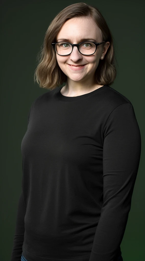 smiling woman with glasses and a black shirt and a green background, this person does not exist, cute nerdy awkward smile, 30 years old, lena dunham-tanya reynolds-melanie lynksey merged, entire body visible, full body, hyperrealistic, best quality, 8K, real human skin, masterpiece, extremely intricate, medium closeup, detailed eyes, detailed face, detailed body, exaggerated features, pronounced features