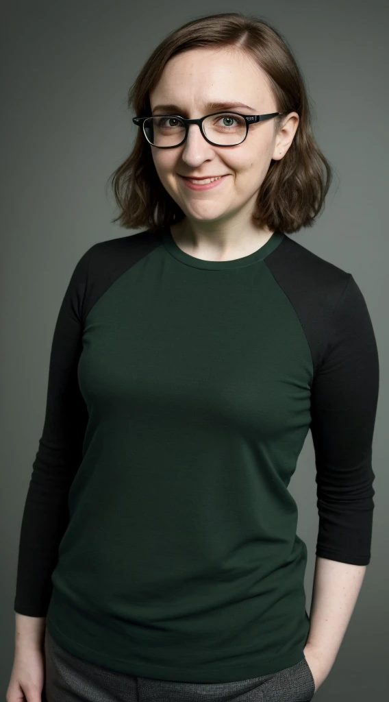 smiling woman with glasses and a black shirt and a green background, this person does not exist, cute nerdy awkward smile, 30 years old, lena dunham-tanya reynolds-melanie lynksey merged, entire body visible, full body, hyperrealistic, best quality, 8K, real human skin, masterpiece, extremely intricate, medium closeup, detailed eyes, detailed face, detailed body, exaggerated features, pronounced features