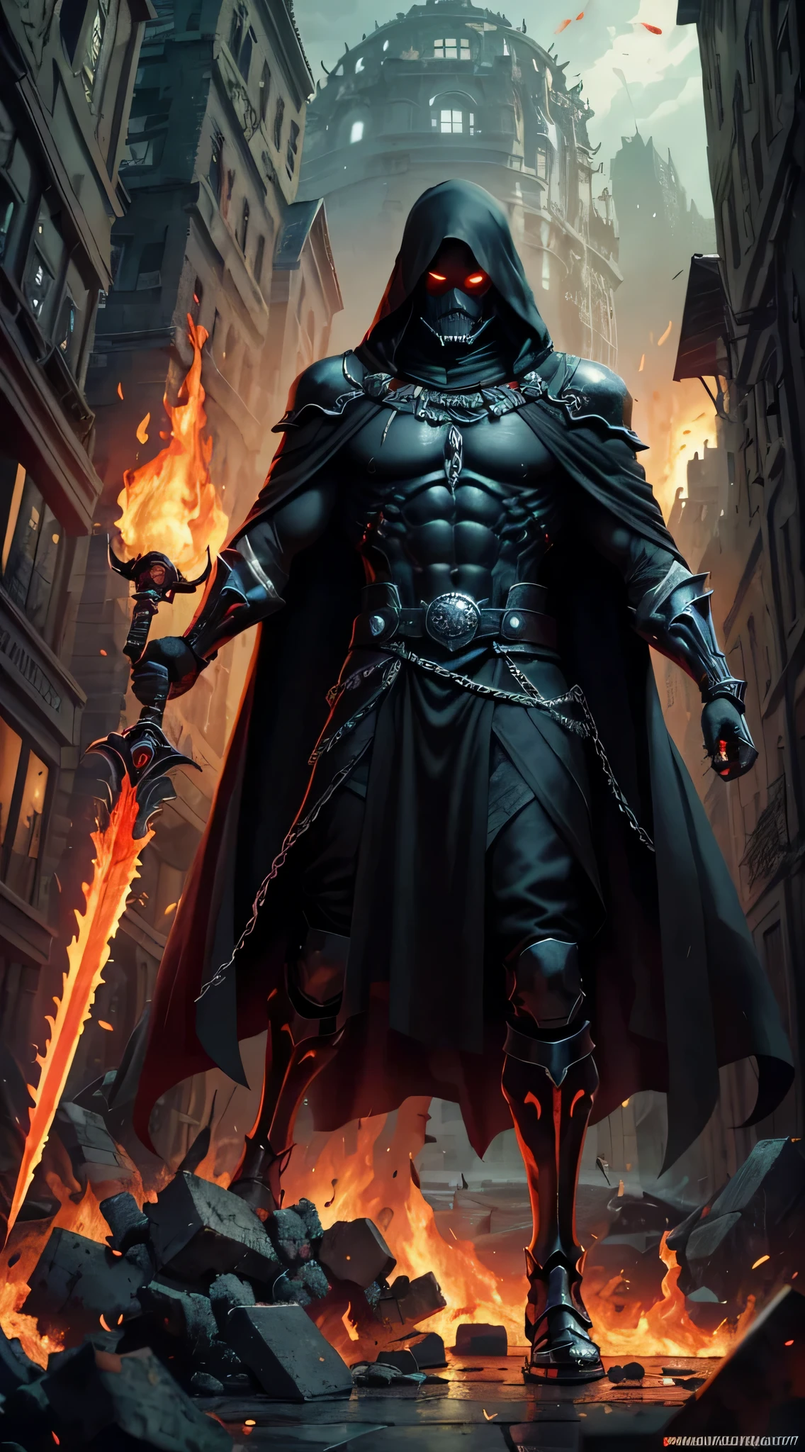 top-quality、Top image quality、masterpiece、Diabolical((Black cloak、well-muscled、best macho、full body chain、Angry eyes、Red blood、fighting poses、lava body,Body of Flame、Skeleton head、Holding a flaming sword in his right hand、Flame shield held in left hand)),hiquality、Beautiful Art、Background with((A crumbling city、the City of Fire)),masutepiece、Elaborate design、visualart、Perfect Art、Horror movie style、