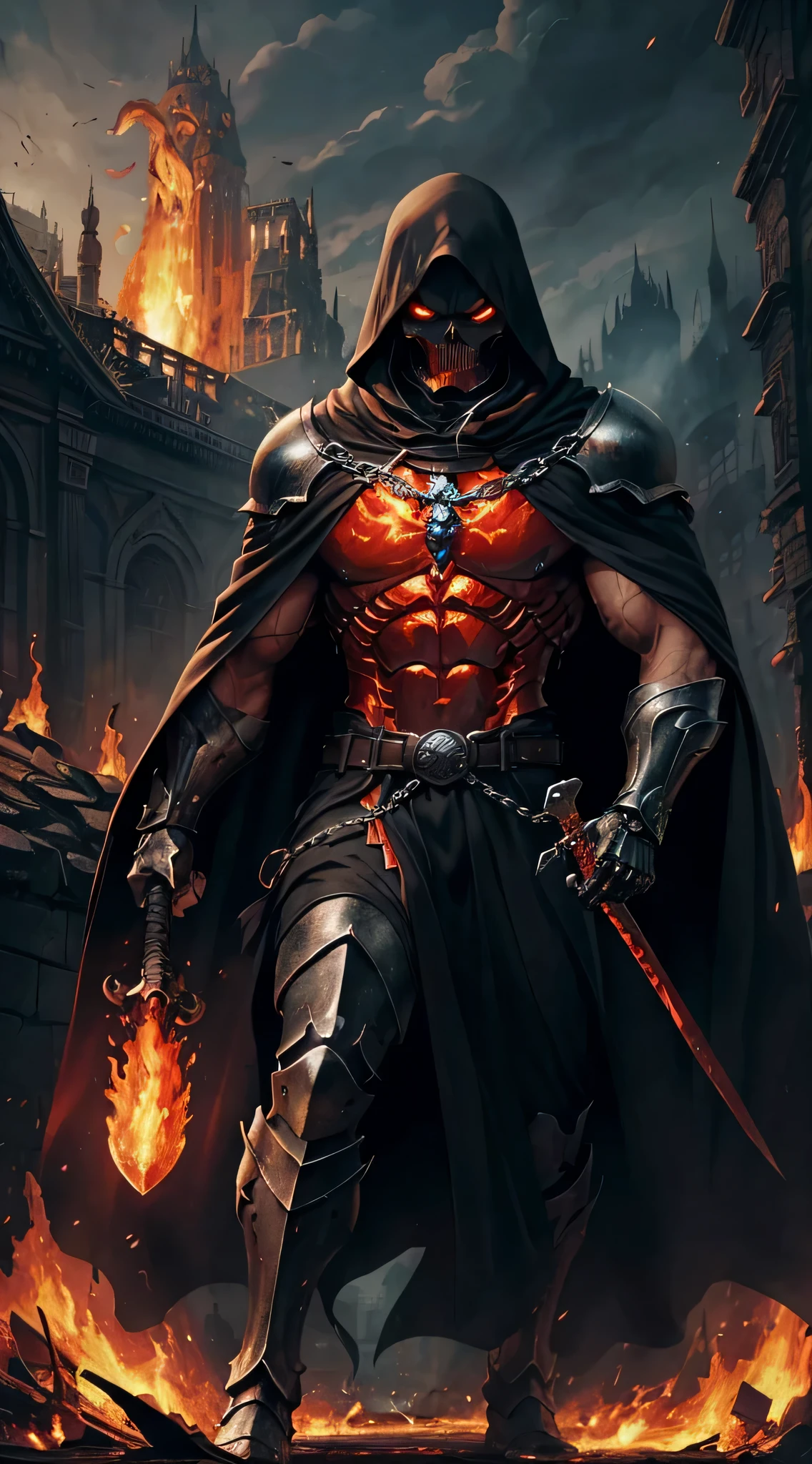 top-quality、Top image quality、​masterpiece、Diabolical((Black cloak、well-muscled、best macho、full body chain、Angry eyes、Red blood、fighting poses、lava body,Body of Flame、Skeleton head、Holding a flaming sword in his right hand、Flame shield held in left hand)),hiquality、Beautiful Art、Background with((A crumbling city、the City of Fire)),masutepiece、Elaborate design、visualart、Perfect Art、Horror movie style、