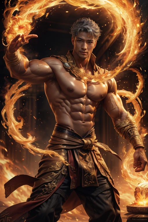 Realist, tmasterpiece, Complicated details, detailedbackground, depth of fields, musculous, 韩国magister帅气照片, (Young Korean man looks like K-pop idol), 25 age old, (Short gray hair), Sexy crotch, Fire spells, magister, Sexy muscles, Naked，musculous的身体，Rough skin texture，a dark tanned skin，Strong masculine characteristics，Wearing a tong, focal, pyromania, white skinned, pale nipples,(8K，tmasterpiece，The best quality，A high resolution，ultra - detailed)