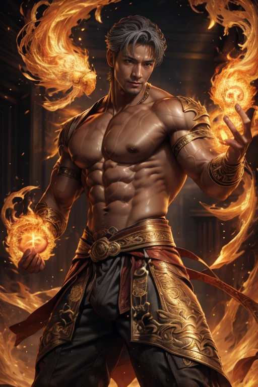 Realist, tmasterpiece, Complicated details, detailedbackground, depth of fields, musculous, 韩国magister帅气照片, (Young Korean man looks like K-pop idol), 25 age old, (Short gray hair), Sexy crotch, Fire spells, magister, Sexy muscles, Naked，musculous的身体，Rough skin texture，a dark tanned skin，Strong masculine characteristics，Wearing a tong, focal, pyromania, white skinned, pale nipples,(8K，tmasterpiece，The best quality，A high resolution，ultra - detailed)