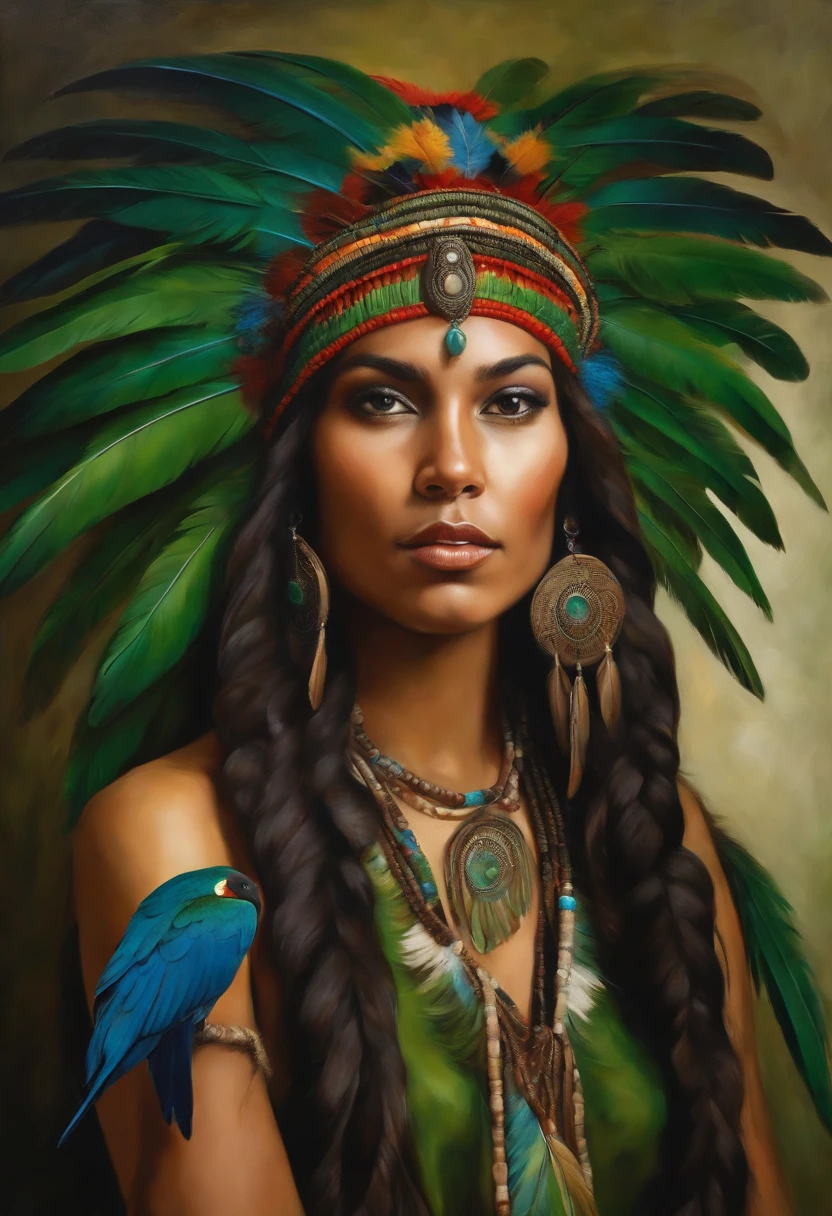 Baroque style painting of a young indigenous woman with a headdress made of Macaw feathers on her head, indigenous body paint, beautiful and strong young woman, dressed in green, with long hair and braids.