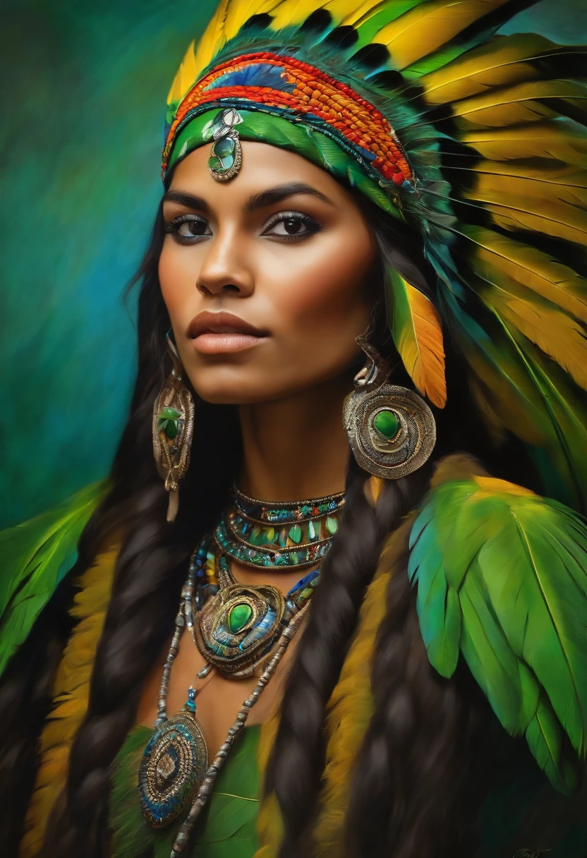 Baroque style painting of a young indigenous woman with a headdress made of Macaw feathers on her head, indigenous body paint, beautiful and strong young woman, dressed in green, with long hair and braids.