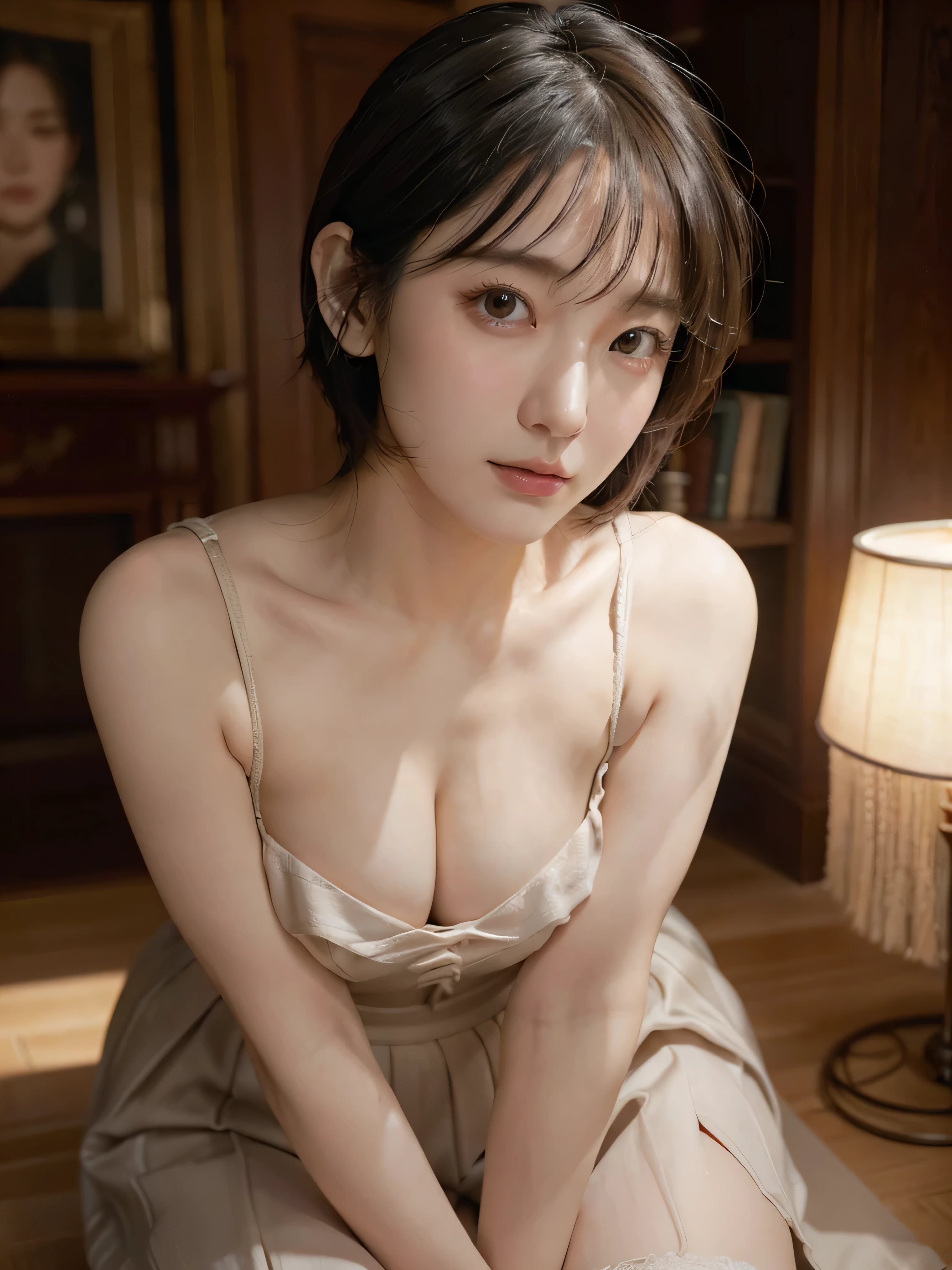 hightquality、hight resolution、​masterpiece、foco nítido、photographrealistic、Raw photography、lighting like a movie、Photorealistic full body portrait of stunningly beautiful woman、Focus from the waist up、heavy make-up、red blush、embarrassed from、Black eyes、Highly detailed brown eyes、Detailed symmetrical realistic Asian face、Highly detailed natural textures、A dark-haired、short-haired、ighly detailed、finely detail、richly colored、ultra realistic textures、dramatic  lighting、watching at viewers、model shoot tyle、cowboy  shot、dynamicposes、A room in the office、Business suits、Detailed hand depiction