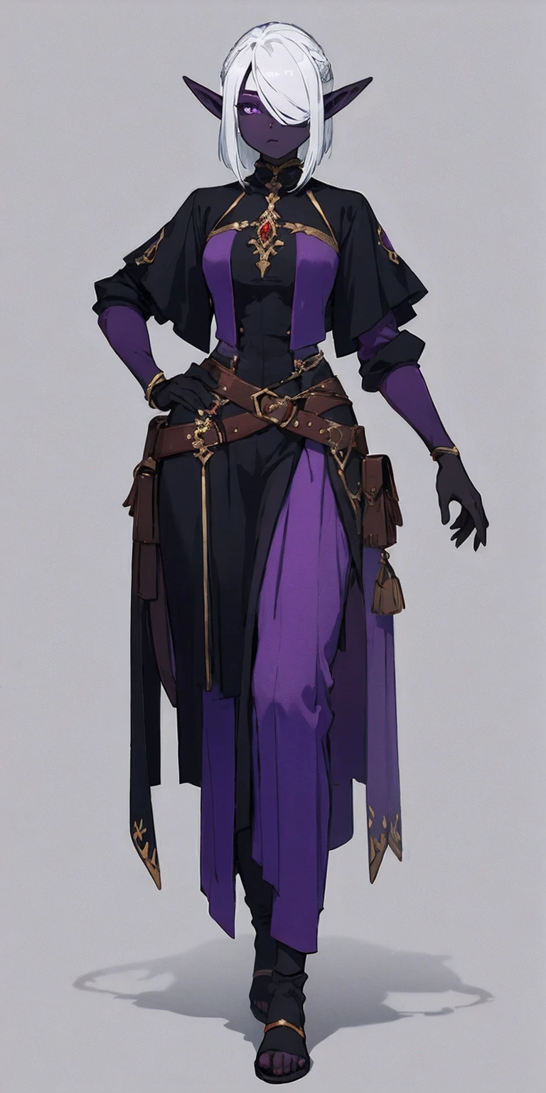 Masterpiece, standing straight symmetrical, full body female drow elf slave wearing an adventurer outfit, black blindfolded, (very purple skin)