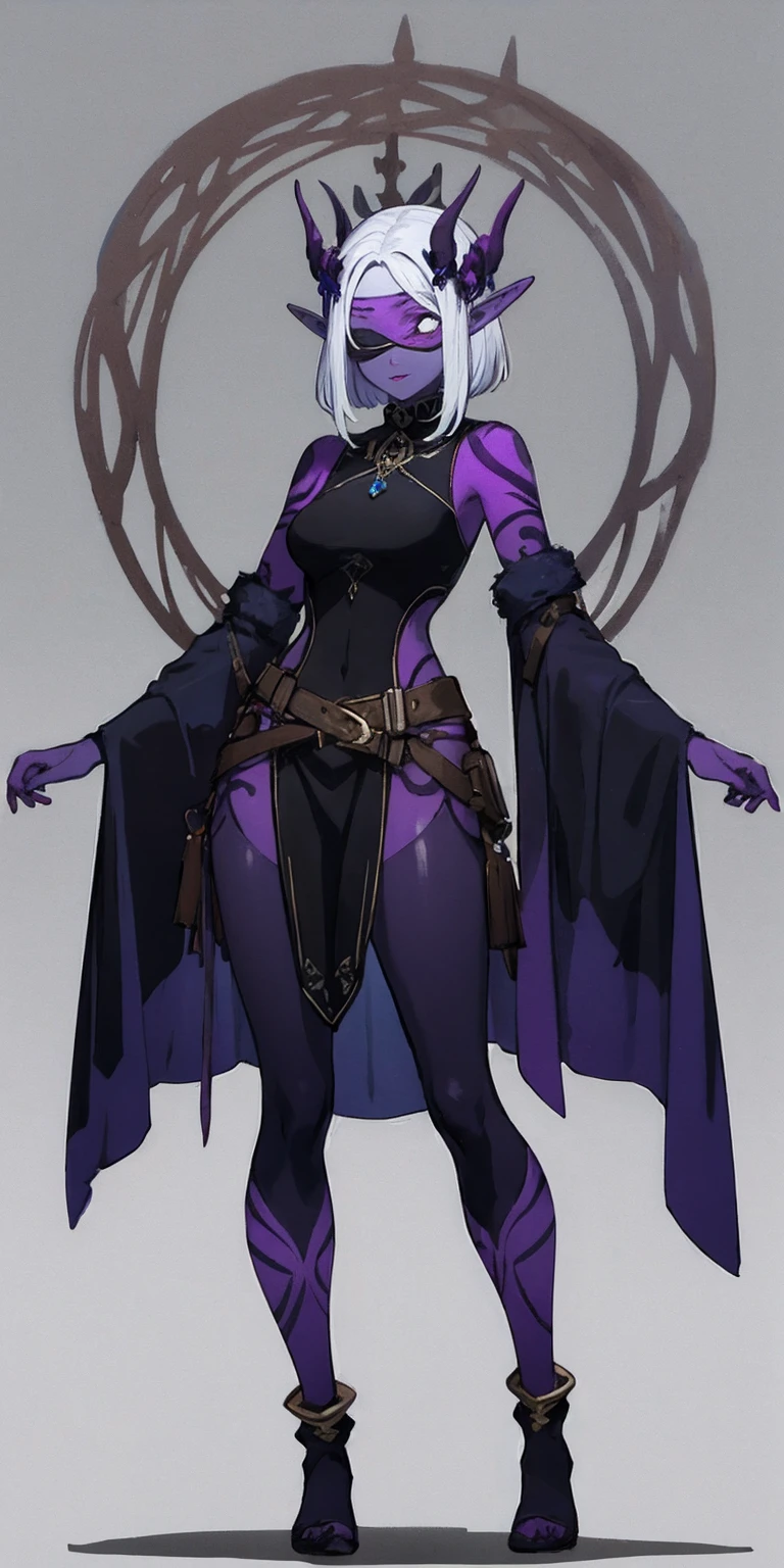 Masterpiece, standing straight symmetrical, full body female drow elf slave wearing an adventurer outfit, black blindfolded, (very purple skin)