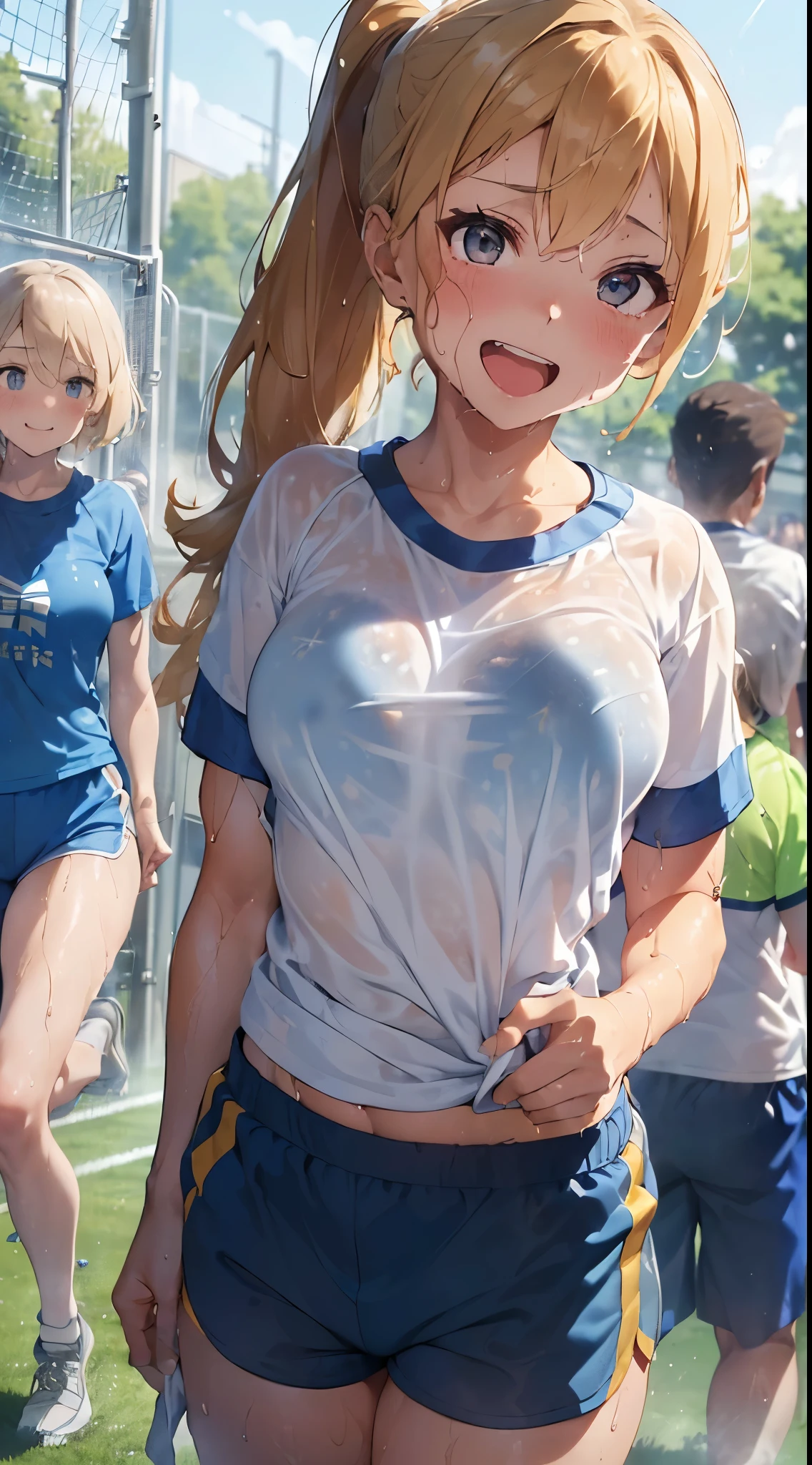 1womanl,Golden hair,14 year old beautiful breasts,(((white short sleeve gym uniform)),((Blue shorts、Smile with open mouth)),(((wet with sweat))),((( portlate))),Crowds,(()),((athletic field)),((())),outside of house,,Beautiful ponytail,(((Bra that can be seen through the tee shirt)))(())