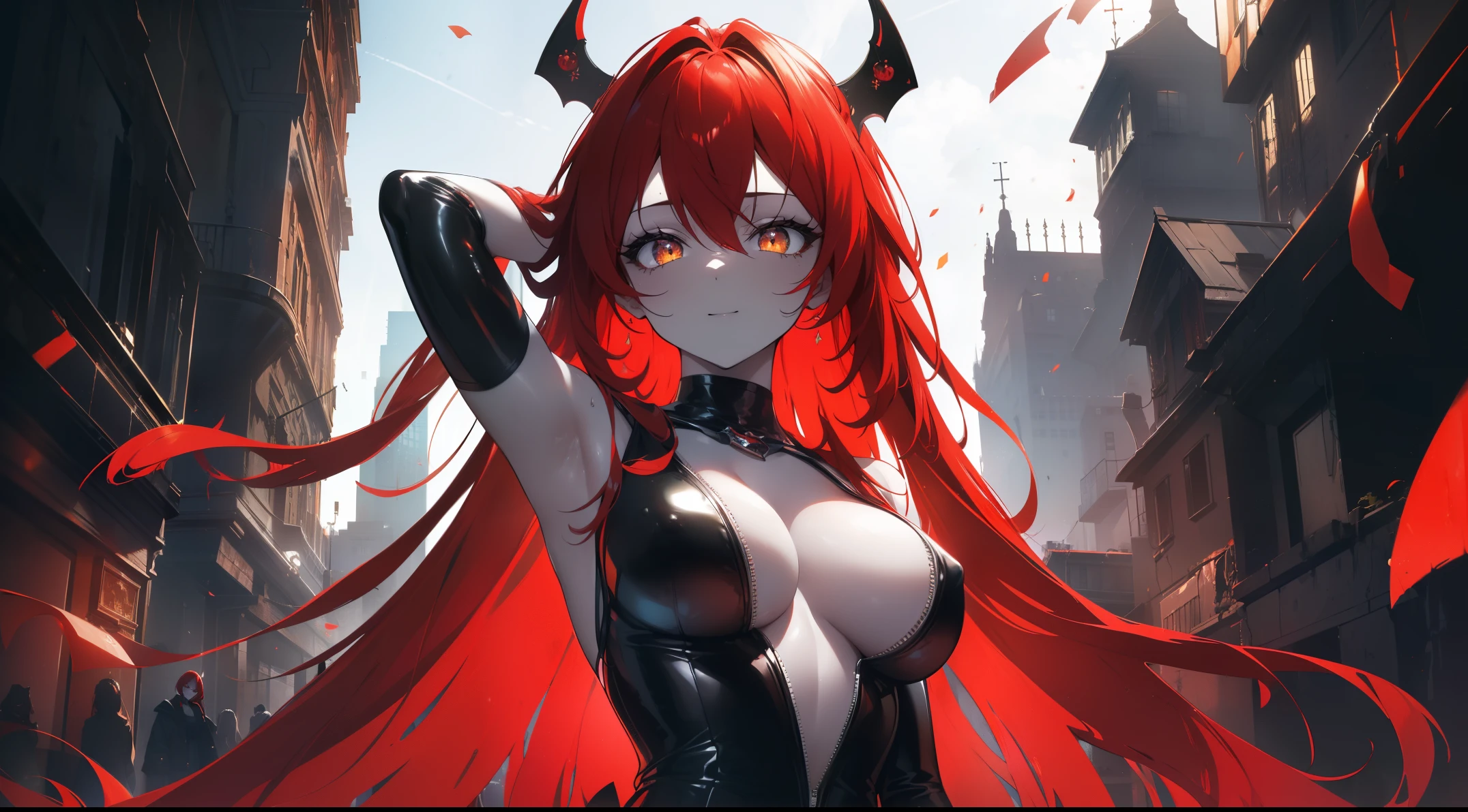 ((((Obra maestra, La mejor calidad, ultrahigh resolution)))), 1girl, standing, (cute maid costume), ((long red hair, red hair over eye)), long hair cut, pale skin, ((golden eyes)), glowing_eyes, neon eyes, (ultra detailed eyes:0.7, beautiful and detailed face, detailed eyes:0.9), ((centered)), smile, ((wide shot)), facing viewer, ((vibrant background, bright lighting, summer, sunlight)), looking at viewer, ((half closed eyes)), ((perfect hands)), (((head:1, arms, hips in view, elbows, arms, legs, in view))), ((hands behind back)), empty eyes, beautiful lighting, ((outside, outdoors)), defined subject, head tilt, (((gritty)), ((creepy)), ((cool)), ((beautiful)), (((SFW))), sexy woman, woman, seductive smile,