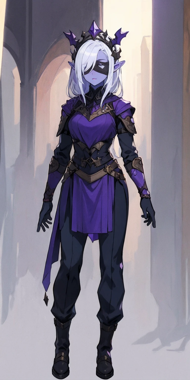 Masterpiece, standing straight symmetrical, full body female drow elf slave wearing an adventurer outfit, black blindfolded, (very purple skin)