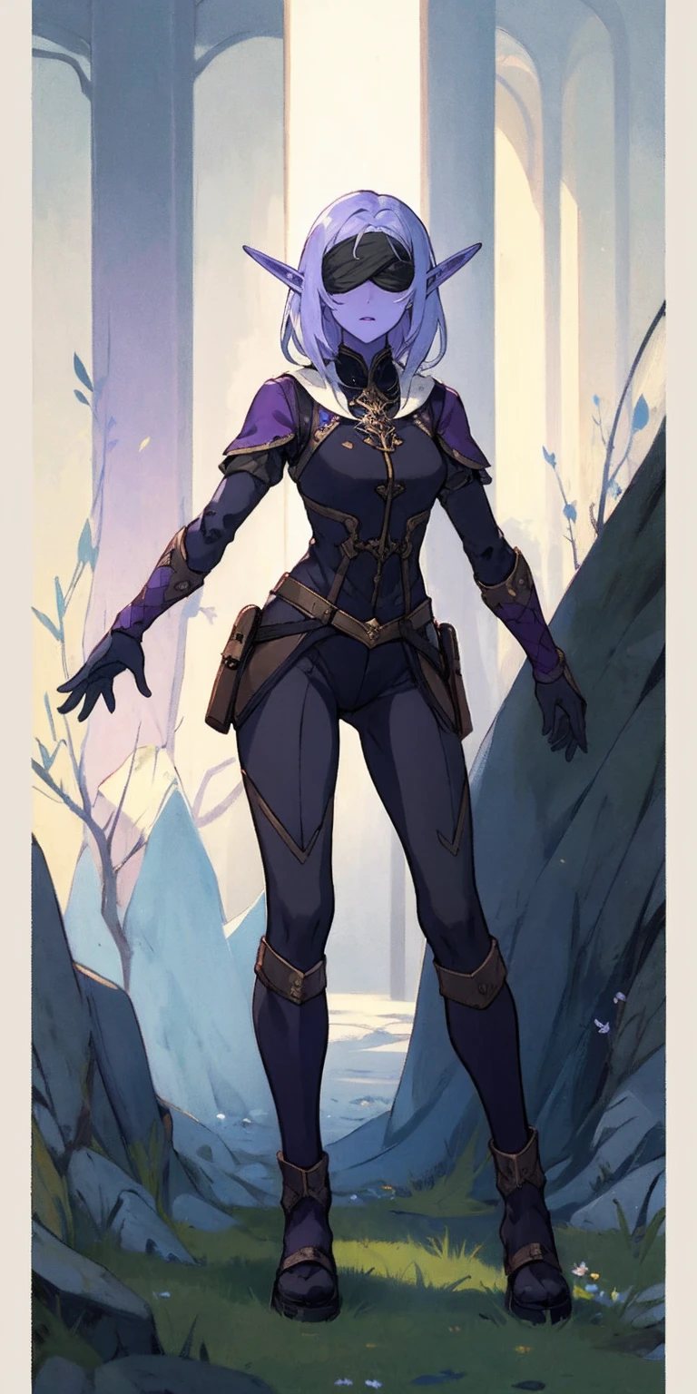 Masterpiece, standing straight symmetrical, full body female drow elf slave wearing an adventurer outfit, black blindfolded, (very purple skin)