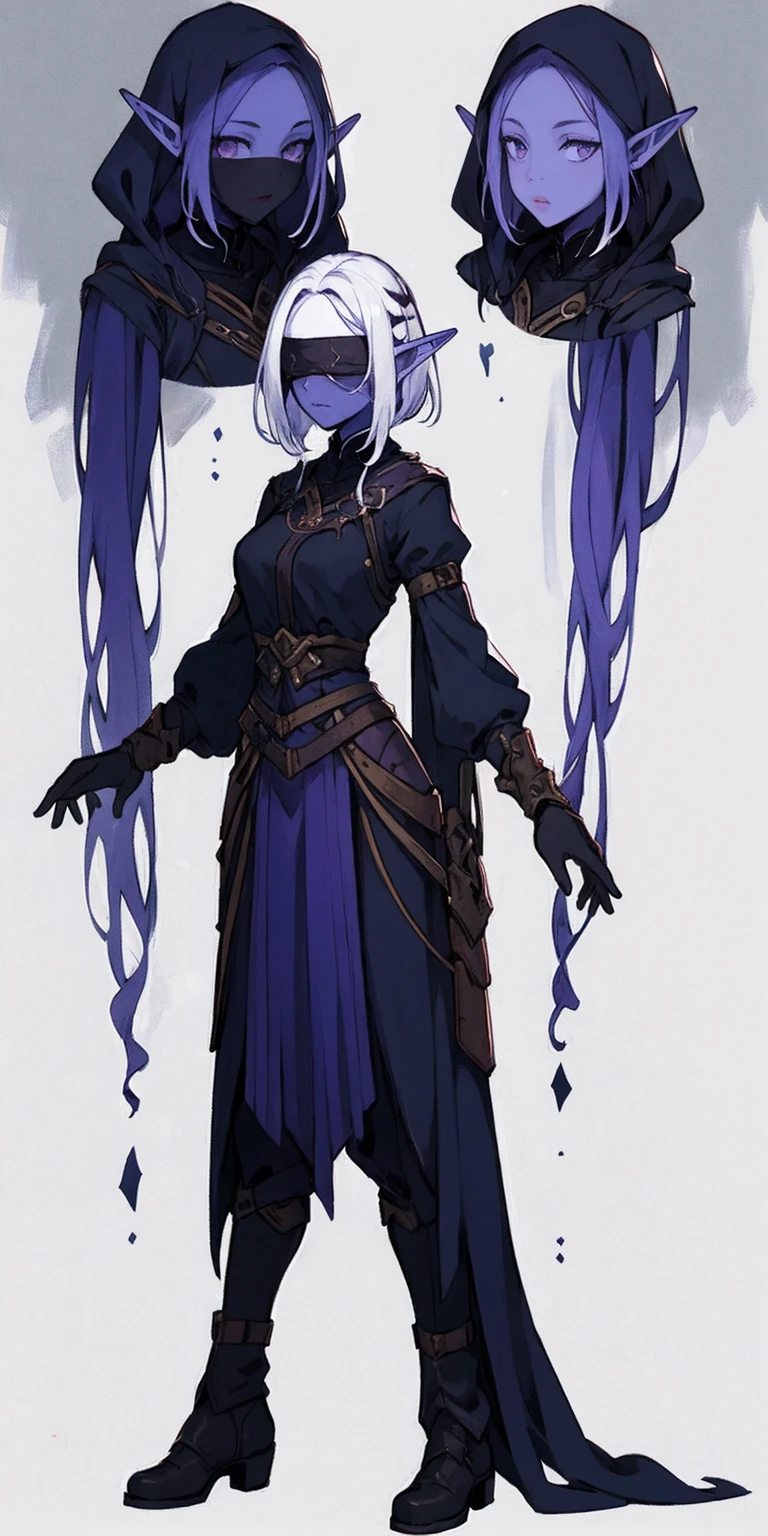 Masterpiece, standing straight symmetrical, full body female drow elf slave wearing an adventurer outfit, black blindfolded, (very purple skin)