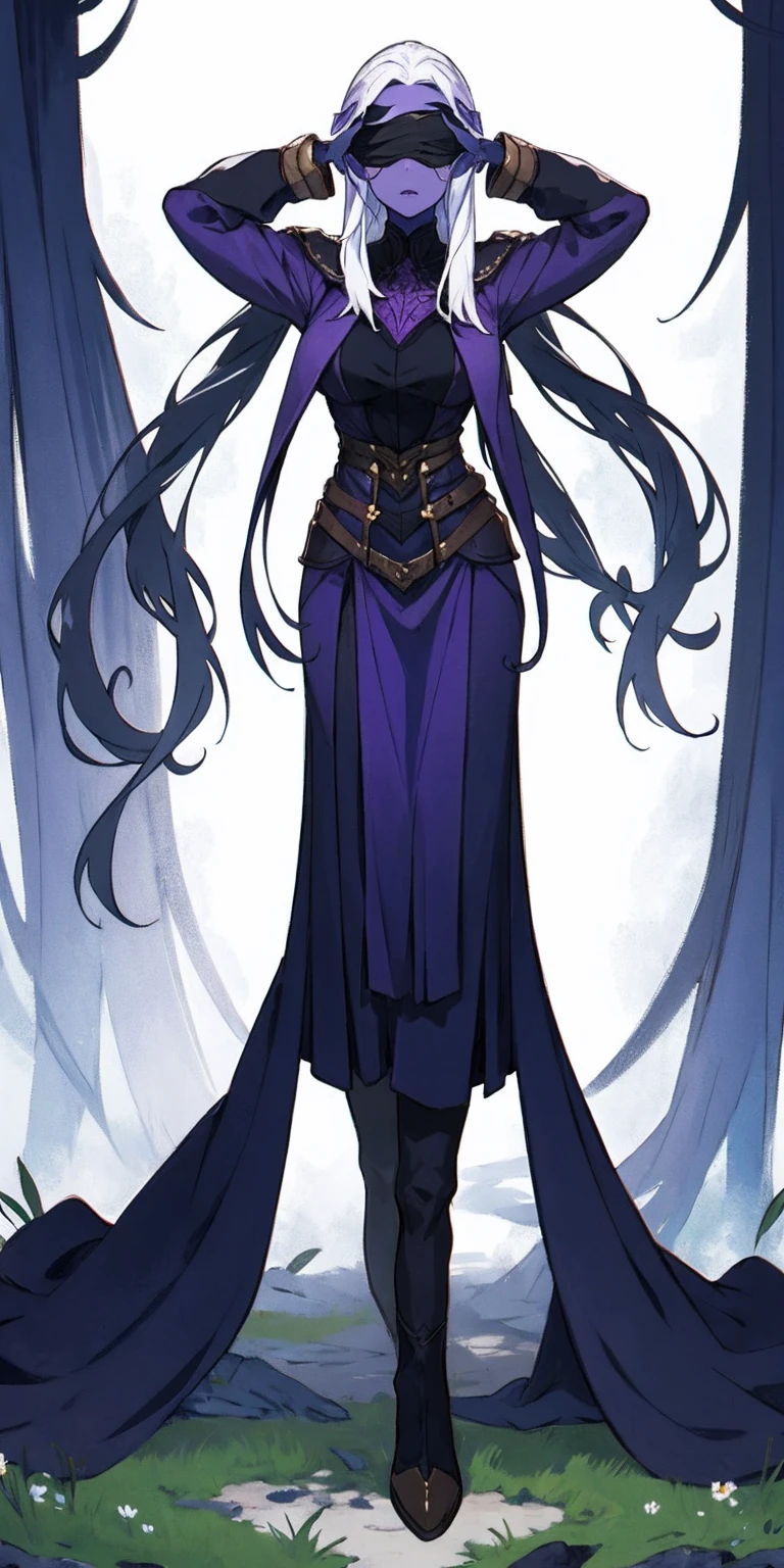 Masterpiece, standing straight symmetrical, full body female drow elf slave wearing an adventurer outfit, black blindfolded, (very purple skin)