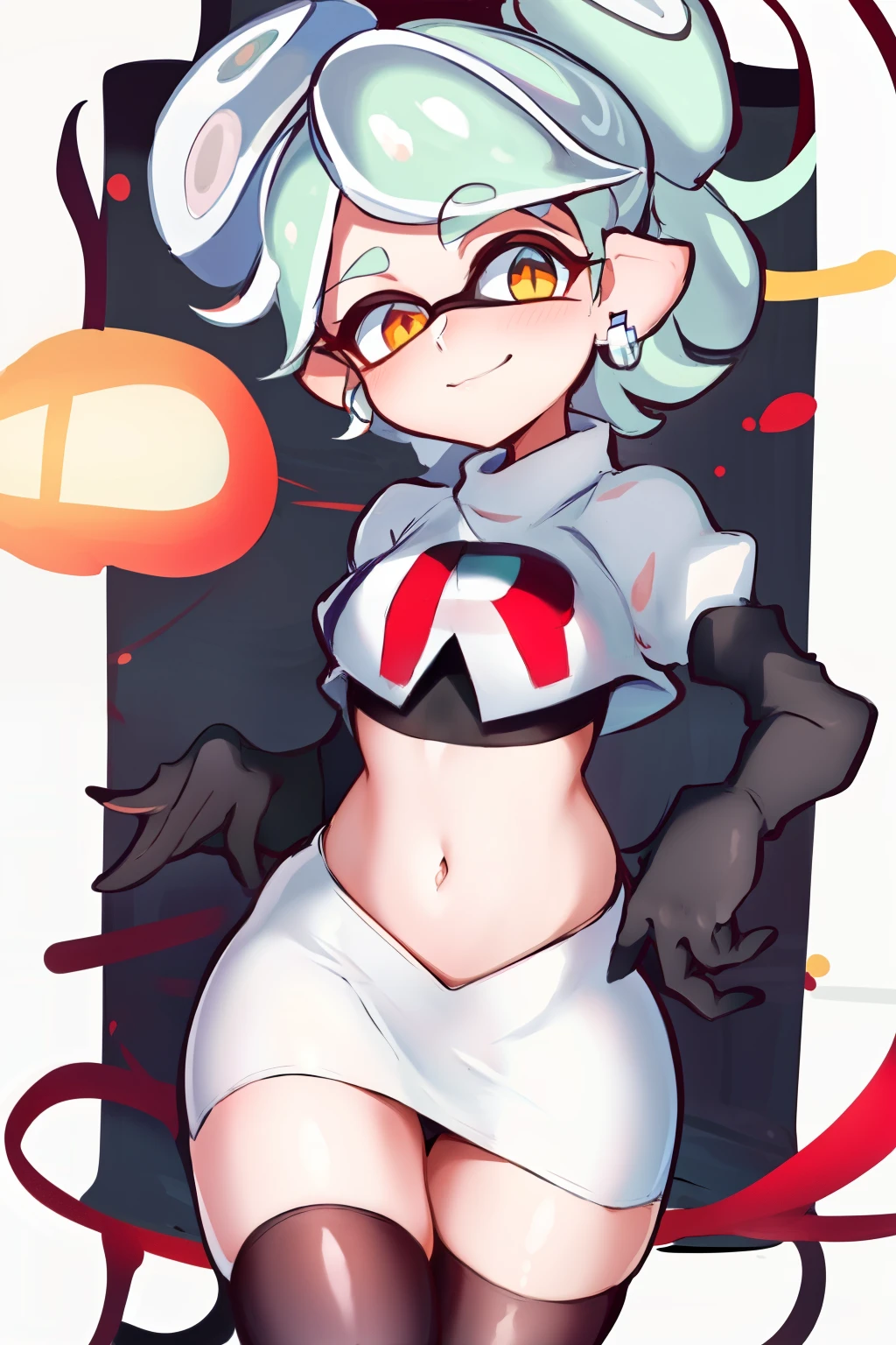 masterpiece, best quality, splatoon, (marie:1.2), cute, team rocket,team rocket uniform,white skirt,red letter R,crop top,black thigh-highs,black elbow gloves