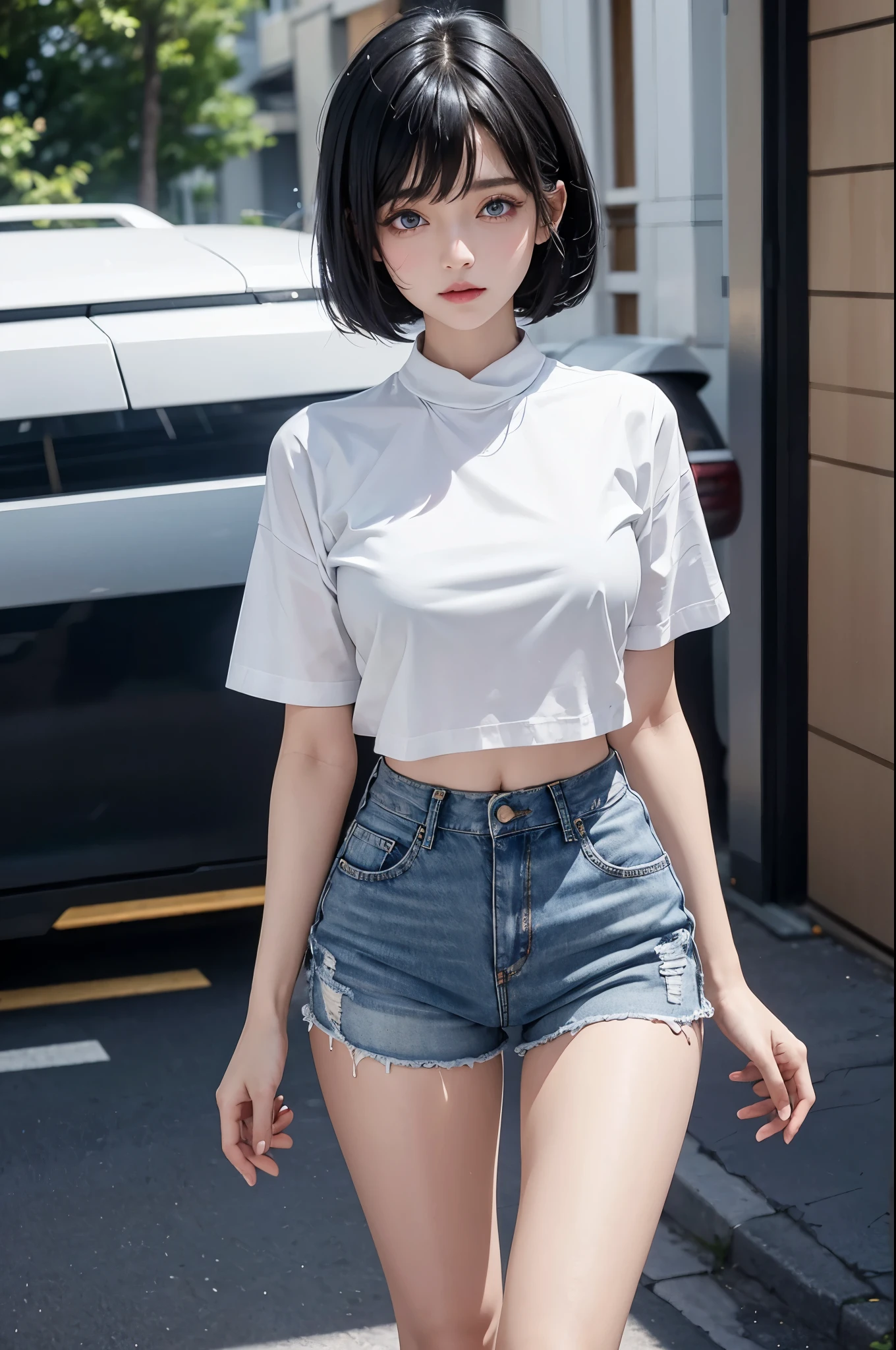 1 girl, with short black hair, eBlue eyes, Wear a plain white shirt, denim short, 城市, Ridiculous resources, A high resolution, Super sharp, 8K, tmasterpiece, looking at viewert