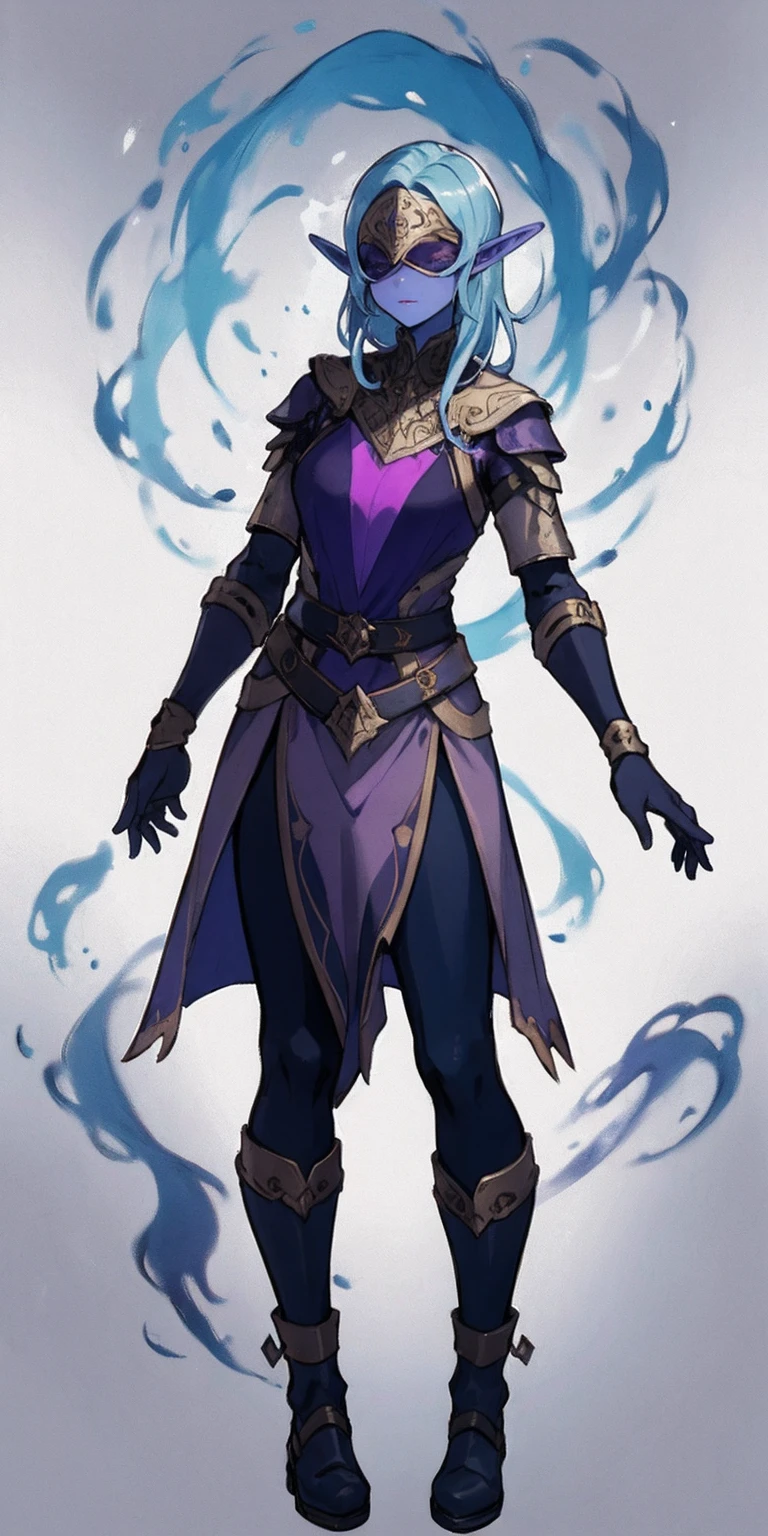 Masterpiece, standing straight symmetrical, full body female drow elf slave wearing an adventurer outfit, black blindfolded, (very purple skin)