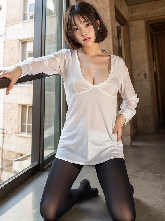(NSFW),((Best Quality, 8K, masutepiece: 1.3)), Selfie, Sharp Focus: 1.2, Cute beautiful woman with perfect body: 1.4, Slimed: 1.2, ((Brown hair dark, stylish bob short)) , (Small transparent dress, Half naked, very highly detailed breasts, Happy expression, Bending: 1.2), (( balconies : 1.3 Commitment to women)), Highly detailed face and skin texture, Detailed eyes, 二重まぶた