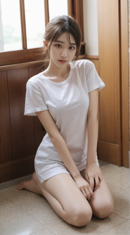 there is a woman standing on a bed with a white shirt, wearing white pajamas, wearing a nightgown, in white clothes, white clothes, posing in a bedroom, dressed in a white t shirt, gorgeous young korean woman, korean girl, young and cute girl, beautiful young korean woman, white tshirt, korean woman, korean women's fashion model, wearing white shirt