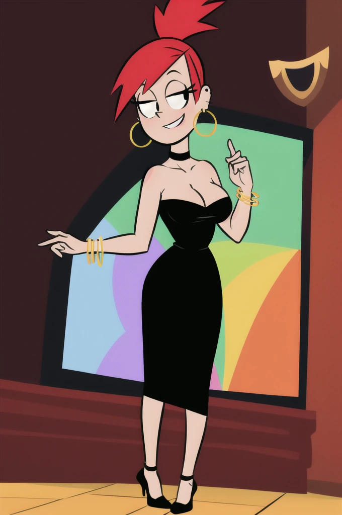 FostersStyle, Frankie Foster, solo, 1 girl, black eyes, black dress, bare shoulders, jewelry, ponytail, bracelet, strapless, hoop earrings, black choker, abstract background, looking at viewer, smile, big breasts, nightclubs, dance floor, looking at viewer, high quality, standing up, high resolution, close up.