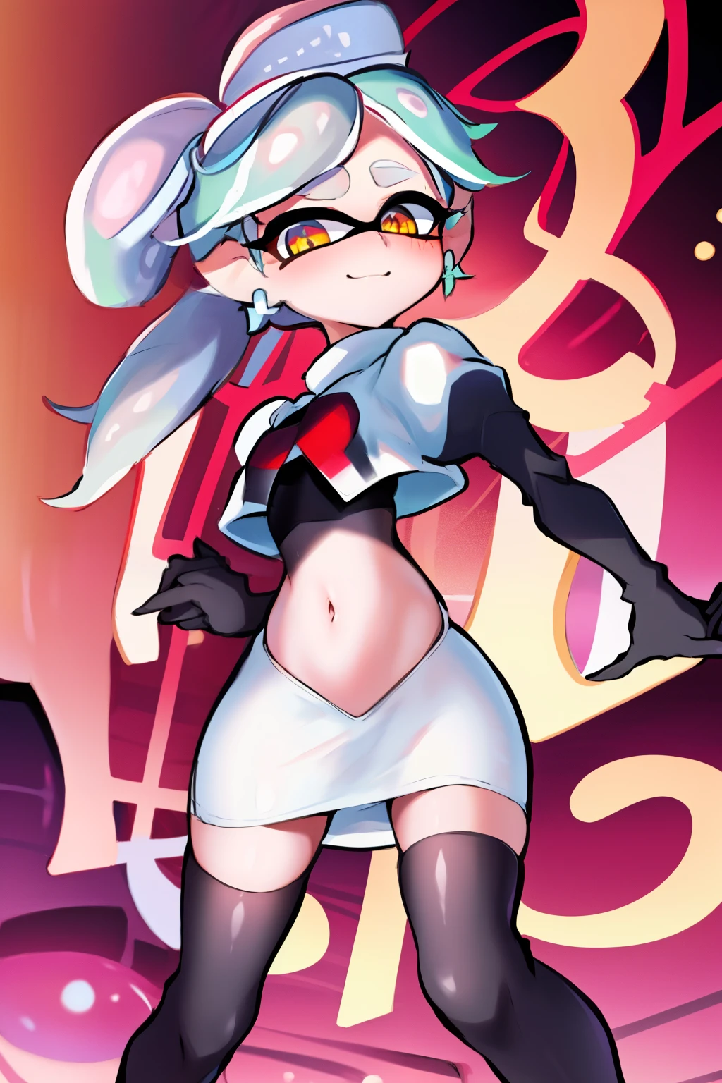 masterpiece, best quality, splatoon, (marie:1.2), cute, team rocket,team rocket uniform,white skirt,red letter R,crop top,black thigh-highs,black elbow gloves