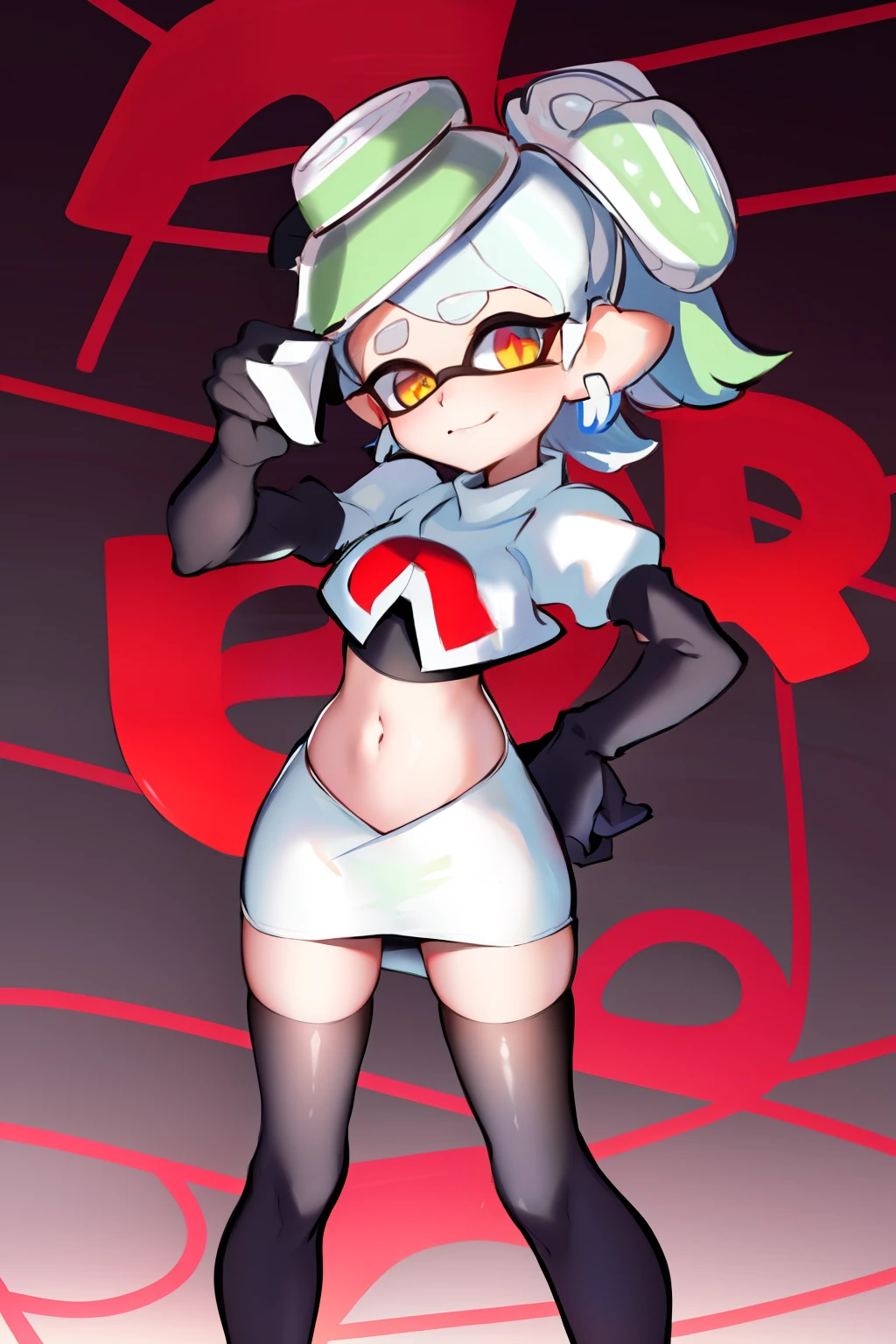 masterpiece, best quality, splatoon, (marie:1.2), cute, team rocket,team rocket uniform,white skirt,red letter R,crop top,black thigh-highs,black elbow gloves