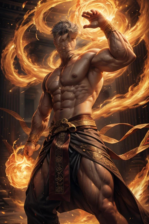 Realist, tmasterpiece, Complicated details, detailedbackground, depth of fields, musculous, 韩国magister帅气照片, (Young Korean man looks like K-pop idol), 25 age old, (Short gray hair), Sexy crotch, Fire spells, magister, Sexy muscles, Naked,musculous的身体,Rough skin texture,Strong masculine characteristics,Wearing a tong, focal, pyromania, white skinned, pale nipples,(8K,tmasterpiece,The best quality,A high resolution,ultra - detailed)
