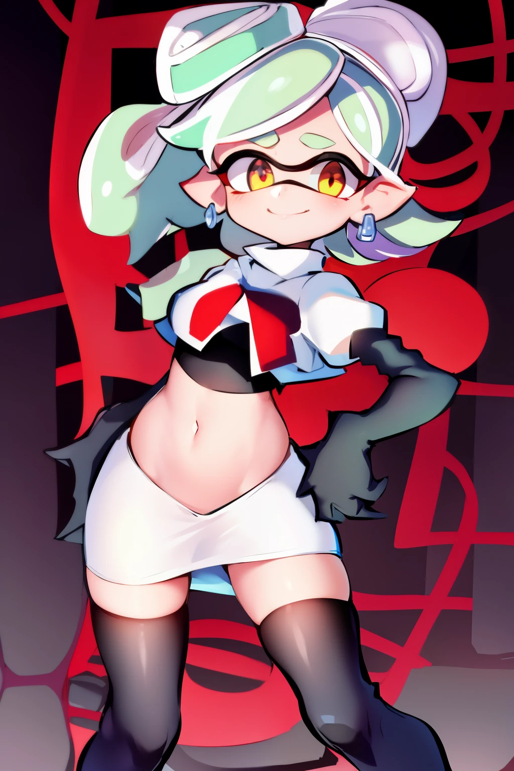 masterpiece, best quality, splatoon, (marie:1.2), cute, team rocket,team rocket uniform,white skirt,red letter R,crop top,black thigh-highs,black elbow gloves