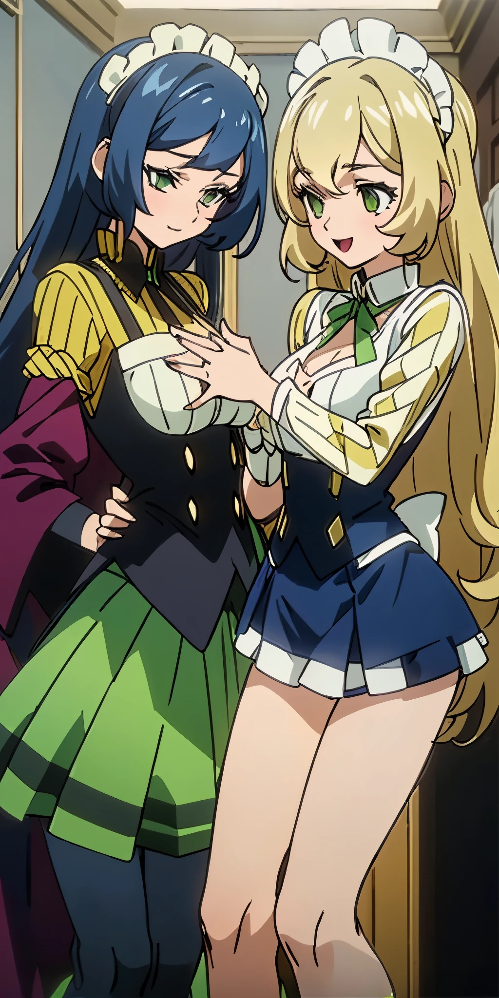 Two women are standing in a bedroom in maid outfits. (Masterpiece),Best Quality, ultra-detailed, perfect hands (Delicate finger expression), perfect legs, Delicate eye expression, delicate face expression, rinko_iori(Sexy, A voluptuous and sexy body, huge breasts, wide hips, naked body, dark blue hair, long hair, blue eyes (empty eye)),maid (black, ultra miniskirt), wicked smile,maid headdress, standing, skirt lift, Sexy married woman. teles( petite, small and pretty breasts, naked body, blonde hair, long hair, green ribbon, green eyes (empty eye)), green dress(miniskirt), standing, Cute girl. ((2girl)),Late at night, in a bedroom,.Two women stand side by side in the bedroom,